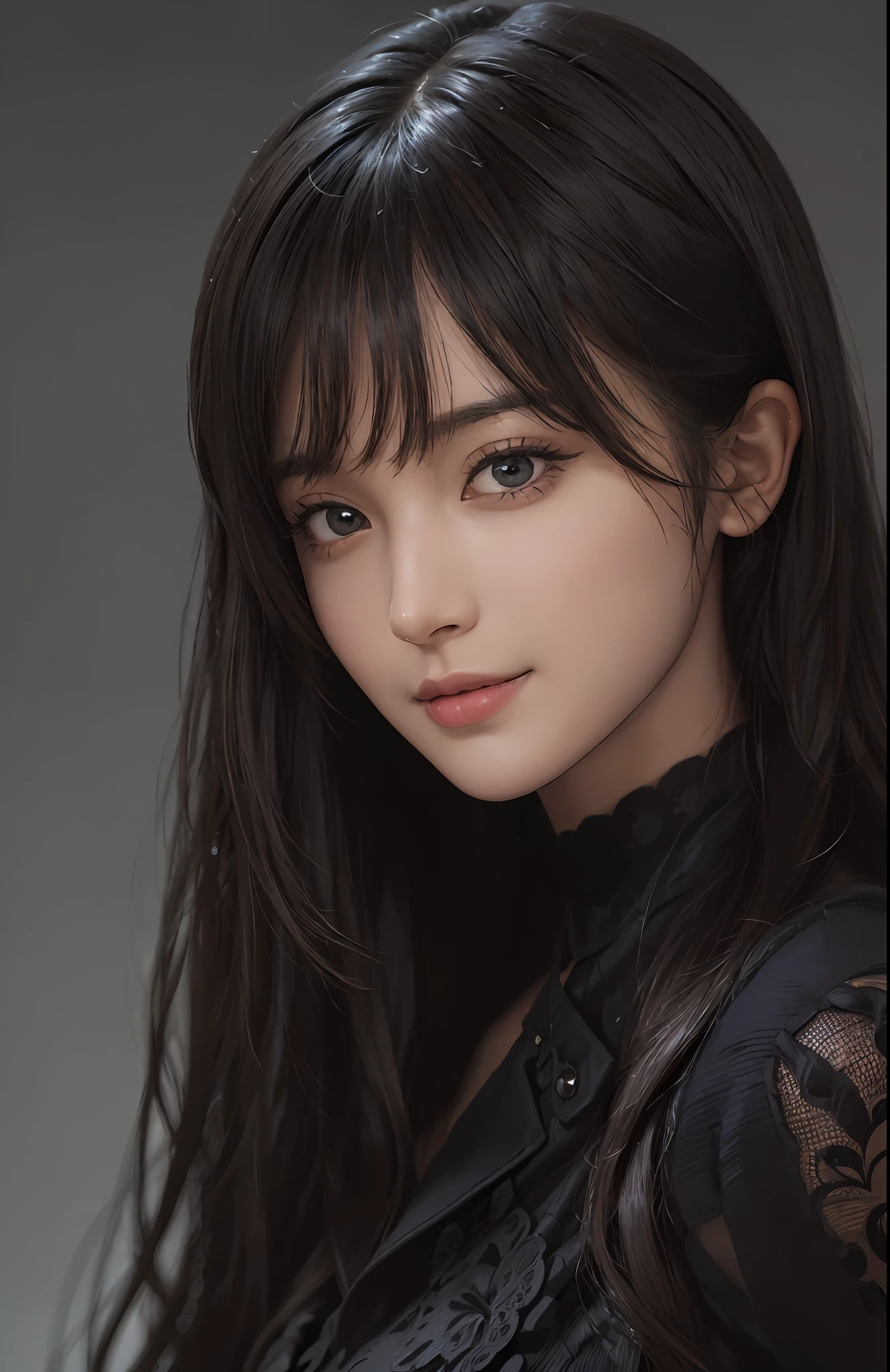 (Ultra Realistic), (Illustration), (Increased Resolution), (8K), (Extremely Detailed), (Best Illustration), (Beautiful and Detailed Eyes), (Best Quality), (Ultra Detailed), (Masterpiece ), ( wallpaper), (detailed face), solo, 1 girl, looking at viewer, fine details, detailed face, in the dark, deep shadows, low key, pureerosfaceace_v1, smiling, long hair, black shawl straight hair , 46 points oblique bangs