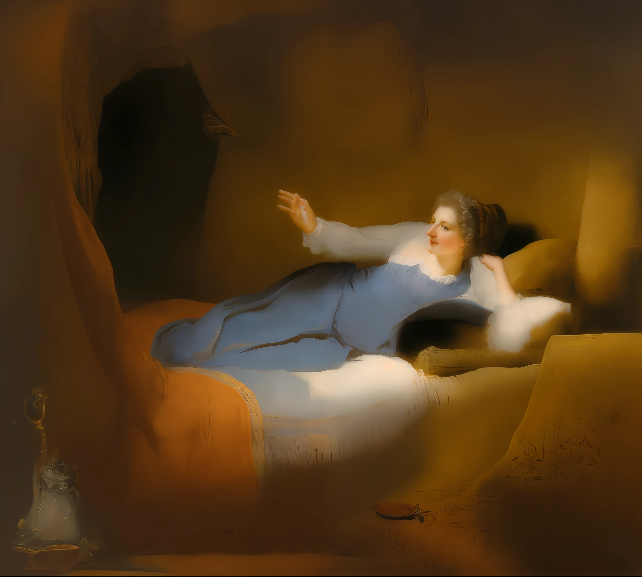 Woman in a bed dressed in pajamas, Rembrandt oil painting