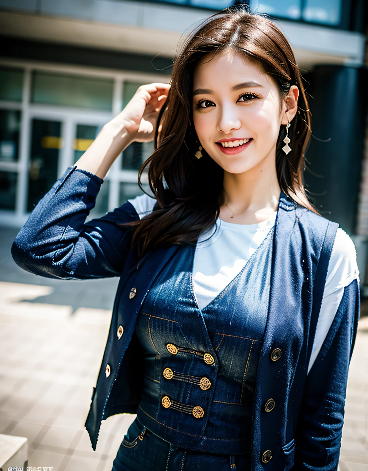 (8k, RAW photo, best quality, masterpiece:1.2), (realistic, photo-realistic:1.37), best quality, ultra high res, photon mapping, radiosity, physically-based rendering, 1girl, ((Pantsuits)),((knit vest)), ((jeans)), ((smart face)), (laughing), (happy), (Kpop idol), (aegyo sal:1), ((puffy eyes)), looking at viewer, posing, (close medium shot), small breasts, busty, cityscape, day, photographed with a nikon d850, Nikon AF-S nikkor 58mm f/1.4G lens, by Laurence Demaison, ((wink)), ((hair blown by air)) , michellemylett2,