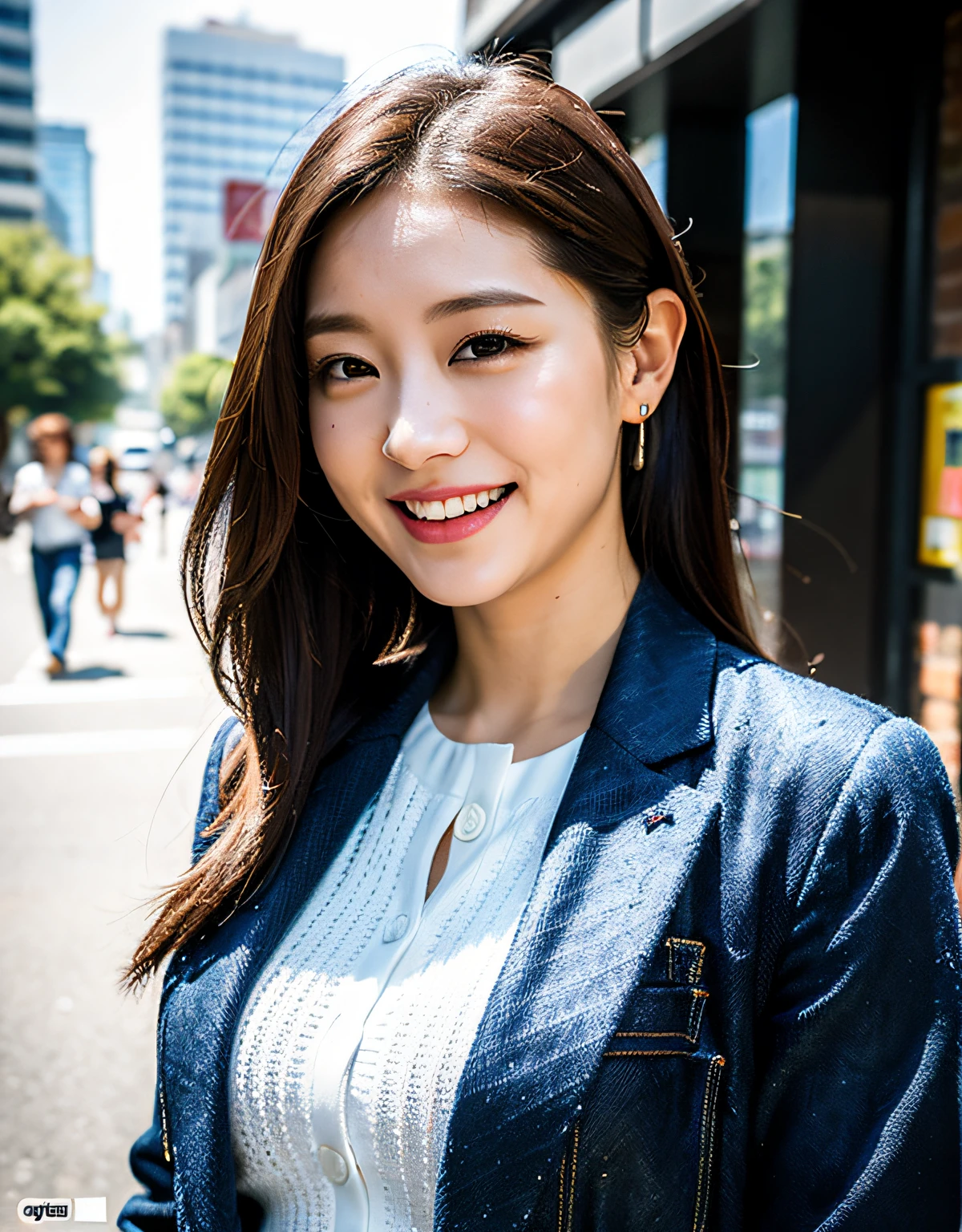 (8k, RAW photo, best quality, masterpiece:1.2), (realistic, photo-realistic:1.37), best quality, ultra high res, photon mapping, radiosity, physically-based rendering, 1girl, ((Pantsuits)),((knit vest)), ((jeans)), ((smart face)), (laughing), (happy), (Kpop idol), (aegyo sal:1), ((puffy eyes)), looking at viewer, posing, (close medium shot), small breasts, busty, cityscape, day, photographed with a nikon d850, Nikon AF-S nikkor 58mm f/1.4G lens, by Laurence Demaison, ((wink)), ((hair blown by air)) , michellemylett2,