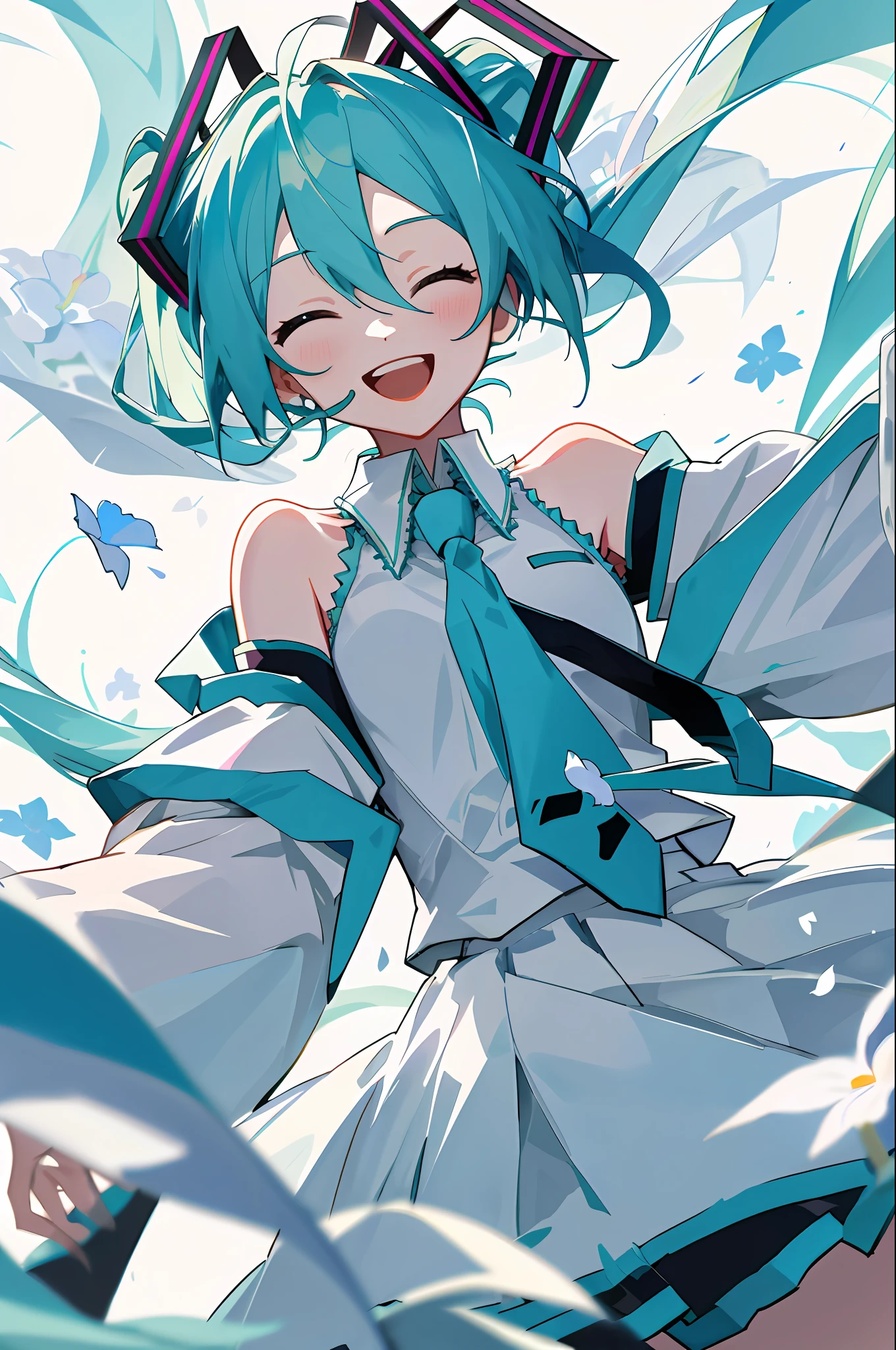 Masterpiece, Hatsune Miku, white shirt, blue tie, off-the-shoulder, open sleeves, laughing flowers