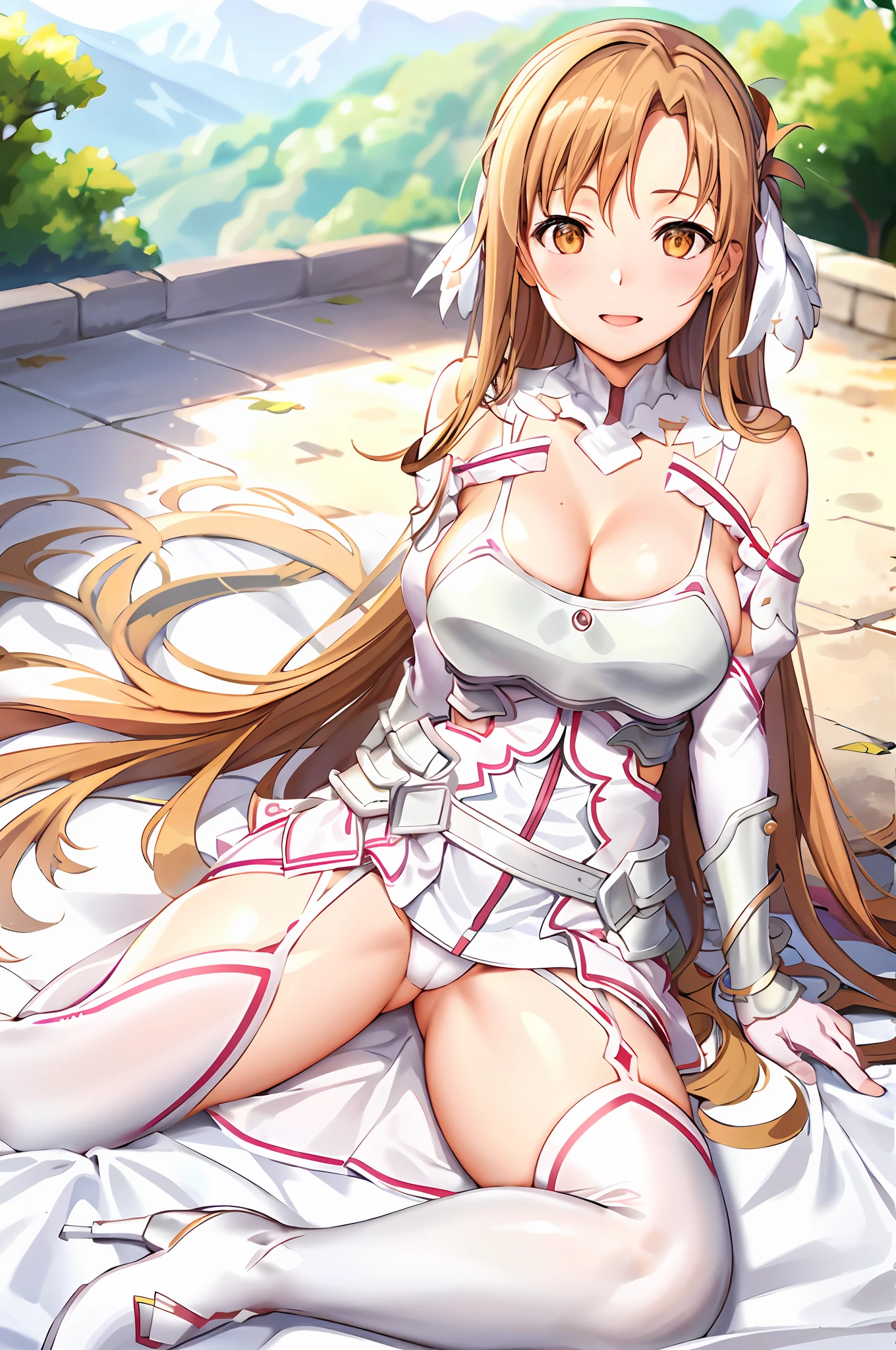 stacia, asuna, asuna_\(sao\), 1girl, (sexy pose:1.2), fantasy, highres,  original, realistic, (excite), scenery,  close_up, upper_body, (sit on a grass), smiling, solo, (potruding nipple:1.2), long hair, (huge breasts:1.0), looking at viewer, smile, open mouth, bangs ,detailed eyes, beautiful background, (forrest), hands on the chest, orange hair, (spread legs:1.3), thighhighs, gloves, dress, (cleavage:1.4), bare shoulders, brown eyes, very long hair, standing, (full body:1.5), white gloves,  white dress, (open Breasts:1.5), armor, white thighhighs, garter straps, breeze, white armor,  abec