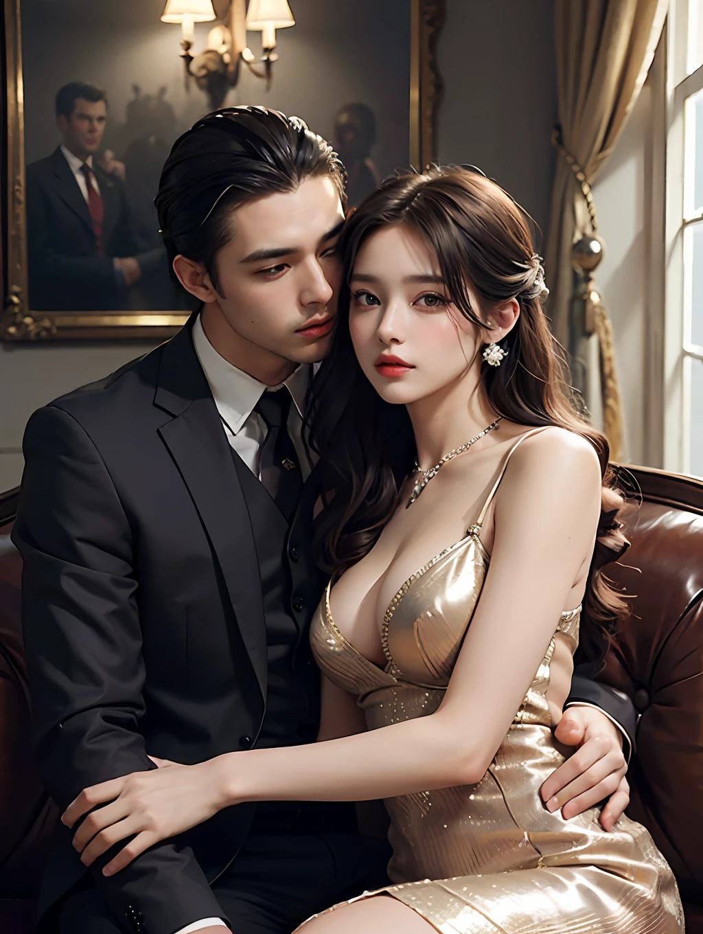 Top quality, masterpiece, ultra high resolution, (photorealistic: 1.4), (1 male, 1 female: 1.2), raw photos, dark cabaret club interior, (man and woman sitting on a high-class sofa enjoying excessive skinship: 2), (staring at each other: 1.5), , men and women in their 20s, hugs, kisses, (women are wearing luxurious and sexy party dresses, men are in formal suits :1.2), perfect face, perfect body, perfect clothes, perfect anatomy, movie lighting, romantic indirect lighting, detailed and delicate drawing, gaze does not look at the front