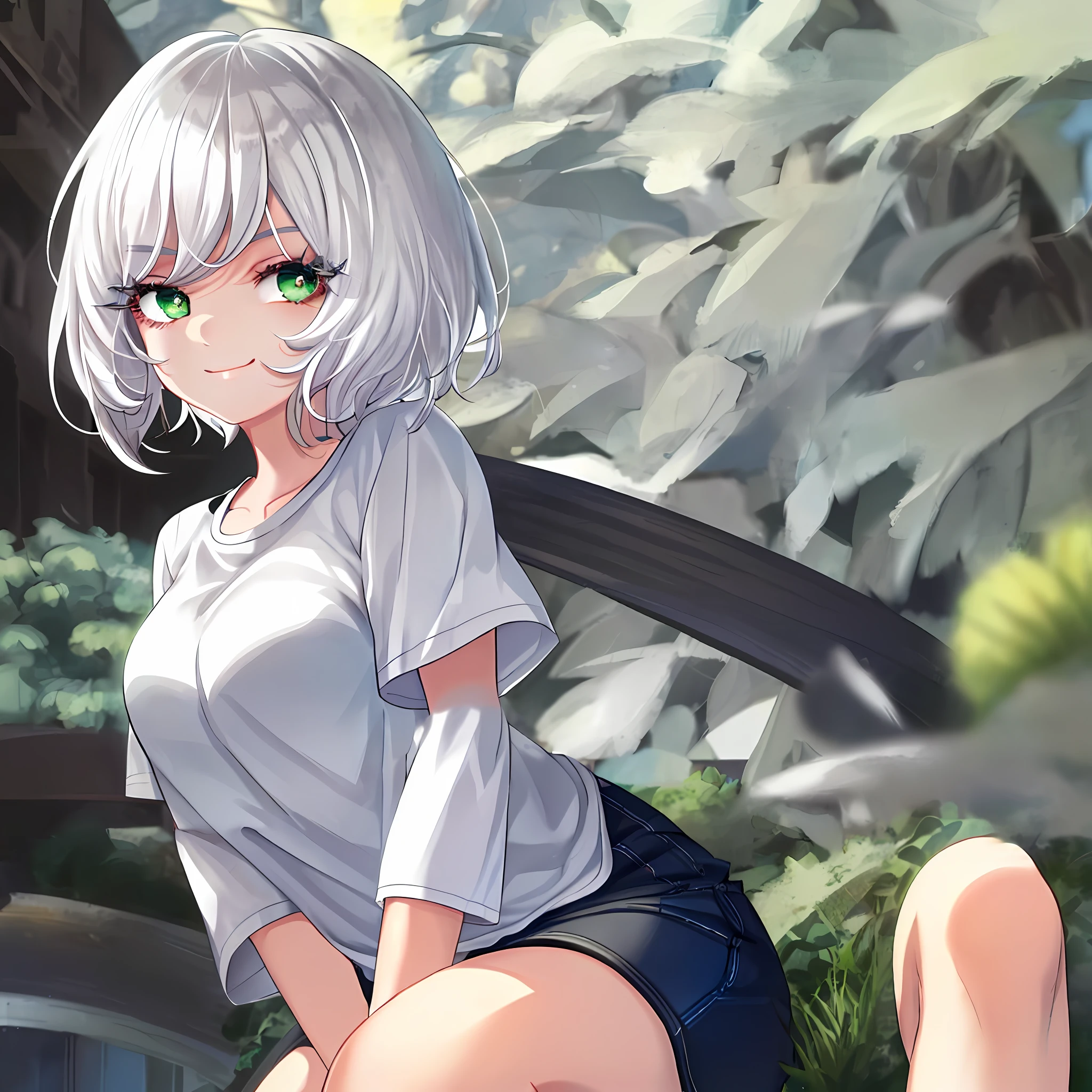 Girl, white hair , short hair ,(( white eyelashes: 1.2)), green eye , oversized t shirt, close view , cute expression , smiling, hand on thighs , sitting down, park background , eyes half wide