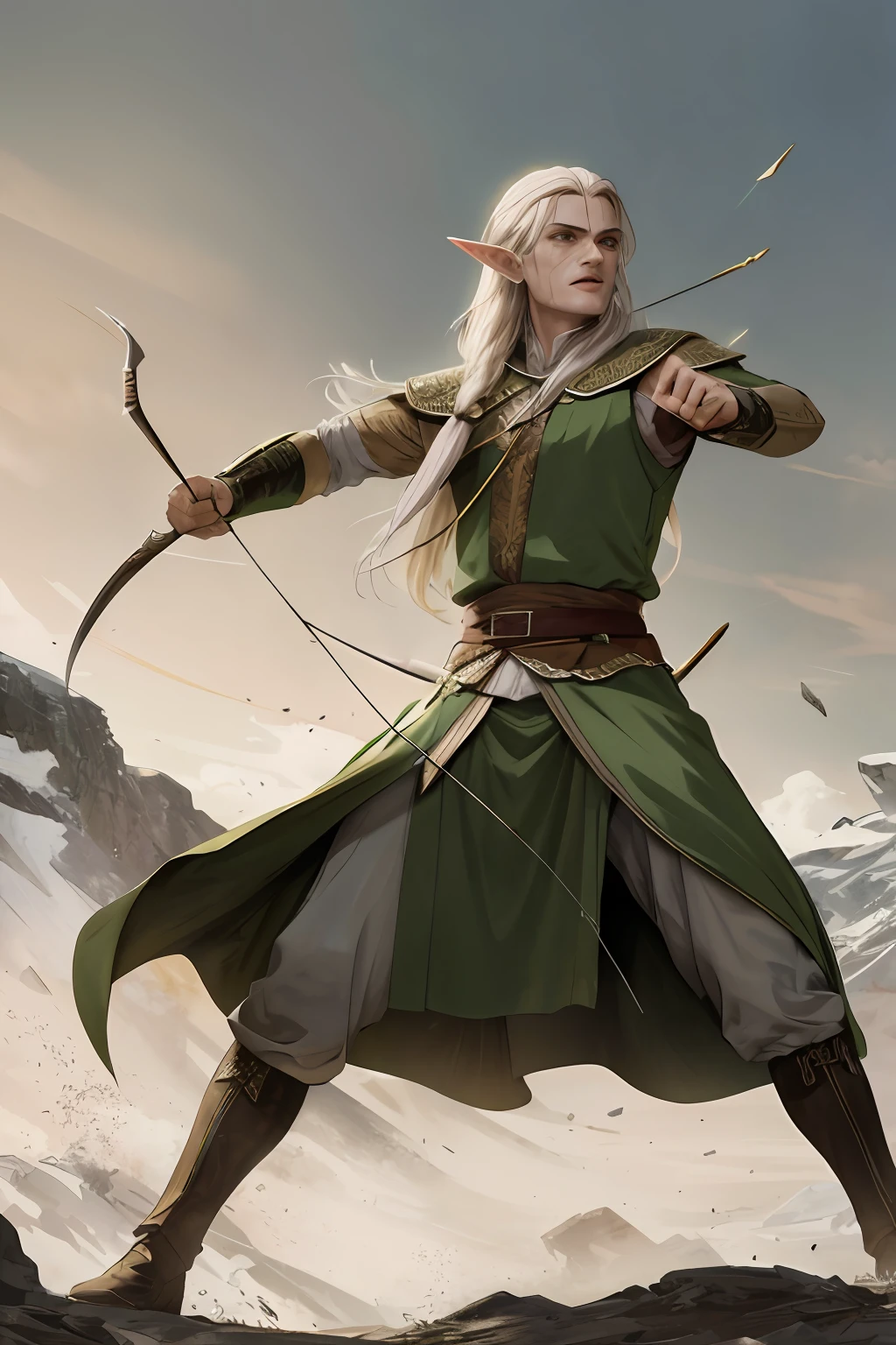full body portrait of lord of the rings elf(legolas, holding bow), green and silver attire, angry, dynamic pose, battlefield fantasy