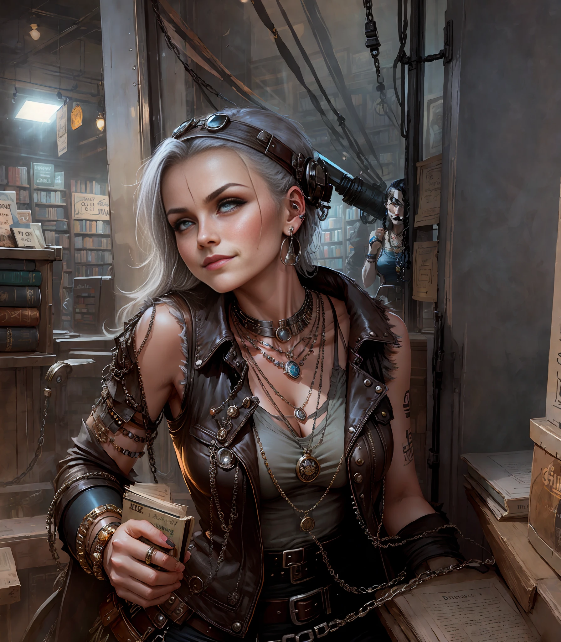 Dieselpunk, dieselpunk, slightly smiling woman inside a small bookstore, necklace, earrings, bracelets, chains, shirt, vest, leather belt