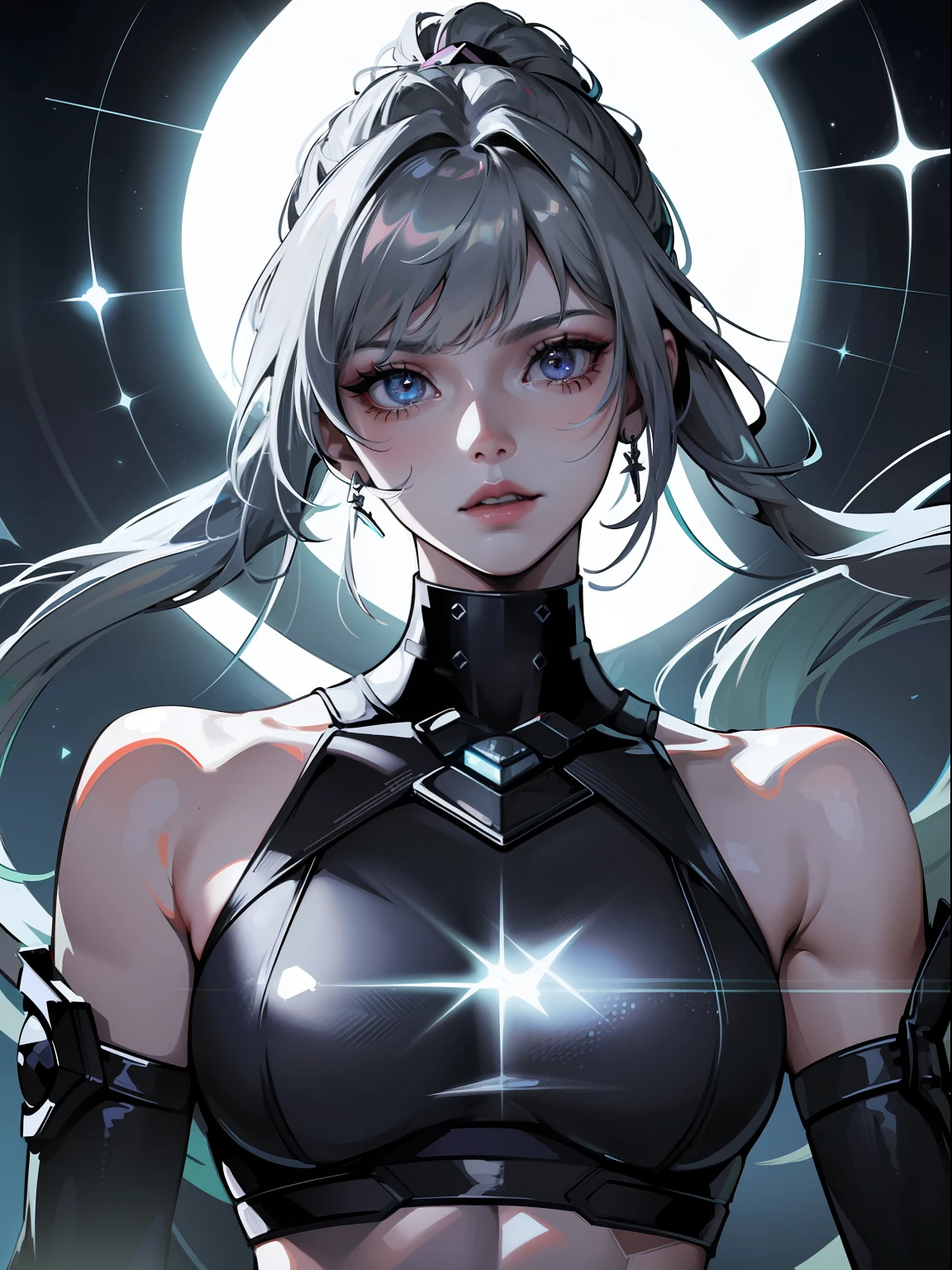 8K resolution, Best quality, silver-diamond crystalline theme, god ray, metallic glitter, masterpiece, dynamic scene, fighting action, jaw dropping, chiaroscuro, intricate detail beautiful face, zodiac goddess, godly perfection, excellent sword skills, futuristic, cyberpunk, ethereal, interstellar, Valkyrie, futuristic, cyberpunk, e, victorious expressions, heroic pose, beautiful cyborg, sleeveless silver two-piece dress, (midriff), long high ponytail, science fiction, detailed eyes, hyperdetailed face, complex, symmetrical face, sharp focus, perfect, model, nice muscular body, textured, looking into the camera, science fiction, professional make-up, realistic, rough, gritty, figure in frame, WLOP, artstation, pixiv, artgerm, fine details, cinematic lighting