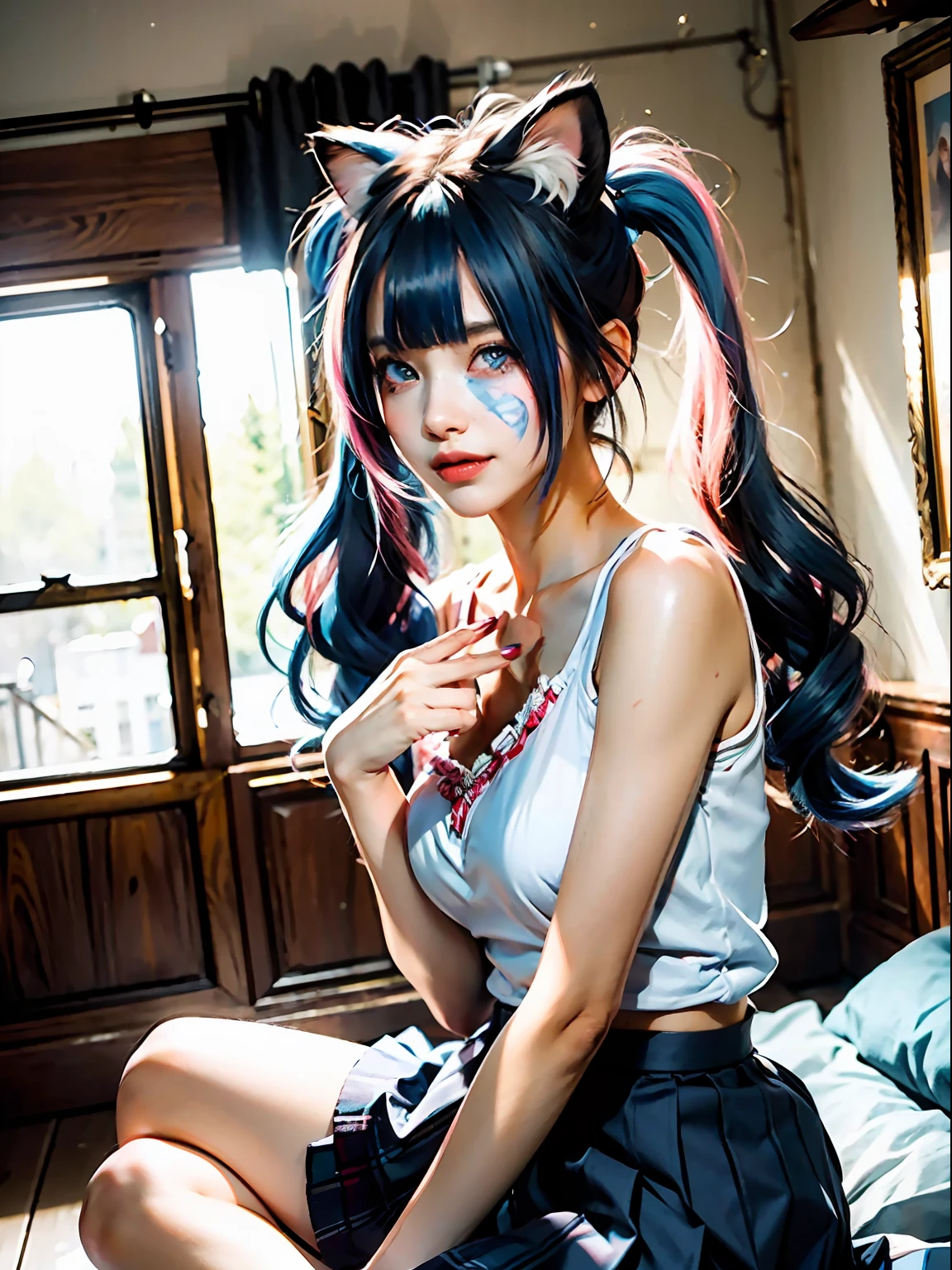 1girl, twintails, multicolored hair, hair ornament, hair over one eye, cat ears, blue eyes, blue hair, pink hair, smile, bow, solo, indoors, makeup, pleated skirt, long hair, bangs, pink nails, open mouth ,the most beautiful form of chaos, elegant, a brutalist designed, vivid colours, romanticism, atmospheric, (RAW photo, best quality), (realistic, photo-realistic:1.3), masterpiece, an extremely delicate and beautiful, extremely detailed, sitting,