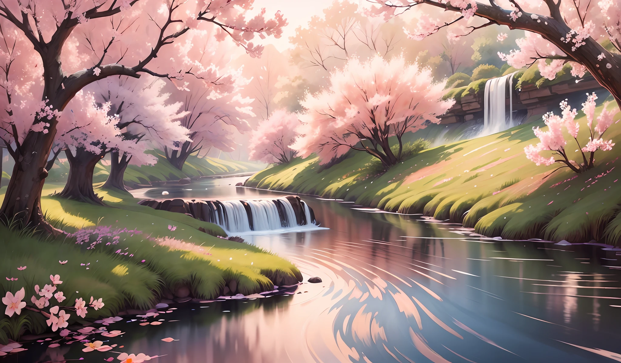 (Digital Painting), (Best Quality), Serenity Stream, Meandering Stream, Peach Blossom in Bloom, Peach Blossom Falling on the Ground, Peach Blossom Falling on the Water, Reflection in Water, Watercolor Style, Deviant Art popular, 8k hyper-realism, soft color scheme, soft lighting, Tranquil atmosphere, Horizontal