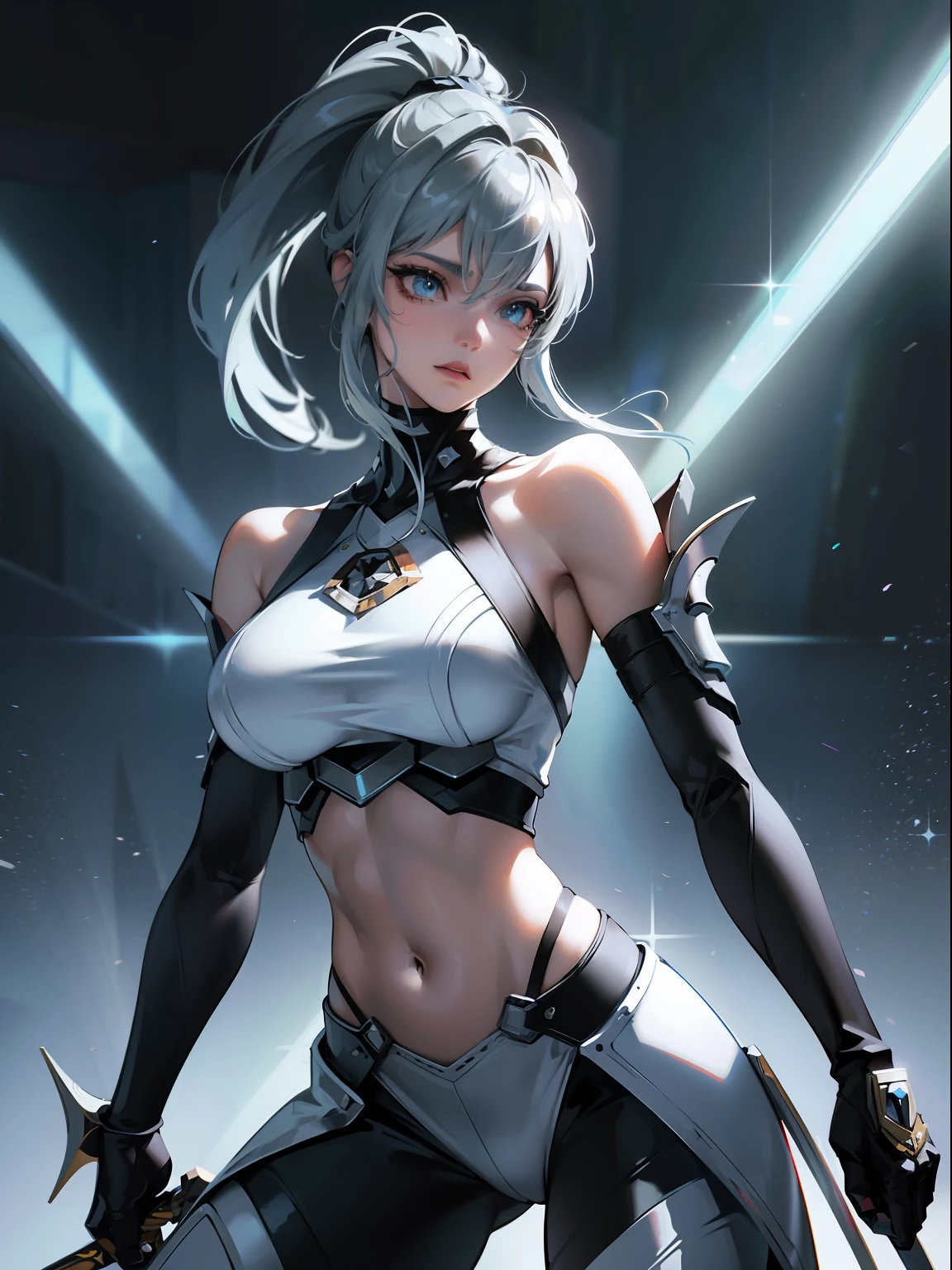 8K resolution, Best quality, silver-diamond crystalline theme, god ray, metallic glitter, masterpiece, dynamic scene, fighting action, jaw dropping, chiaroscuro, intricate detail beautiful face, zodiac goddess, godly perfection, excellent sword skills, futuristic, cyberpunk, ethereal, interstellar, Valkyrie, futuristic, cyberpunk, heroine, victorious expressions, heroic pose, beautiful cyborg, sleeveless silver two-piece dress, (midriff), long high ponytail, science fiction, detailed eyes, hyperdetailed face, complex, symmetrical face, sharp focus, perfect, model, nice muscular body, textured, looking into the camera, science fiction, professional make-up, realistic, rough, gritty, figure in frame, WLOP, artstation, pixiv, artgerm, fine details, cinematic lighting