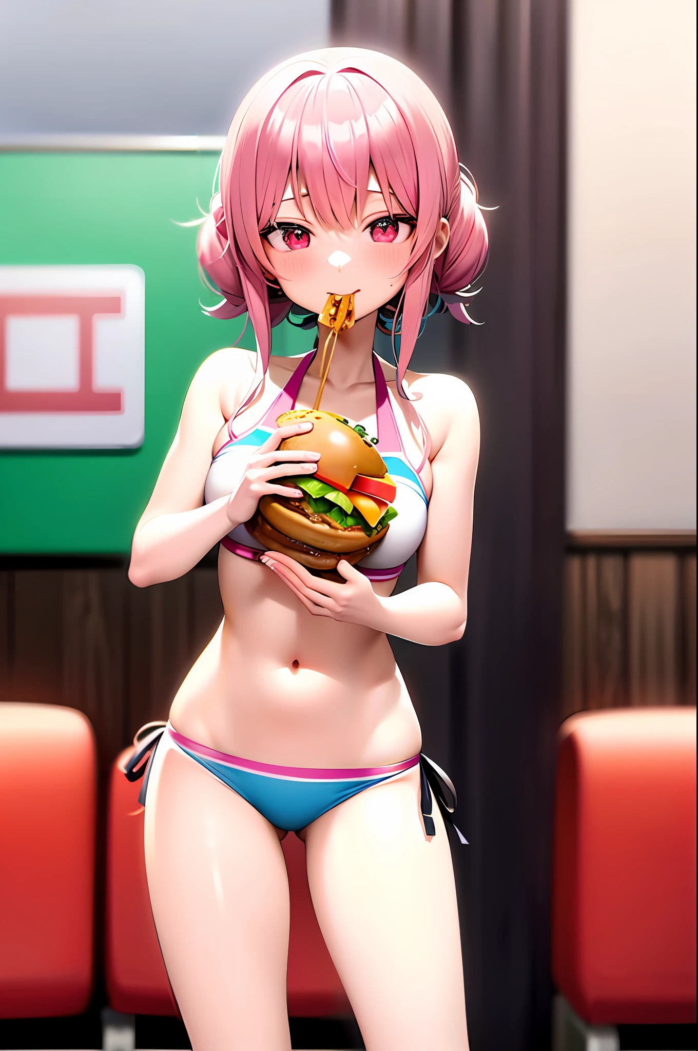 anime girl in a bikini eating a hamburger in a restaurant, anime food, still from tv anime, seductive anime girl, anime visual of a cute girl, hololive, eating burgers, rin, anime moe artstyle, eating a burger, serving burgers, ecchi anime style, slice of life anime, the anime girl is crouching, anime best girl, oppai