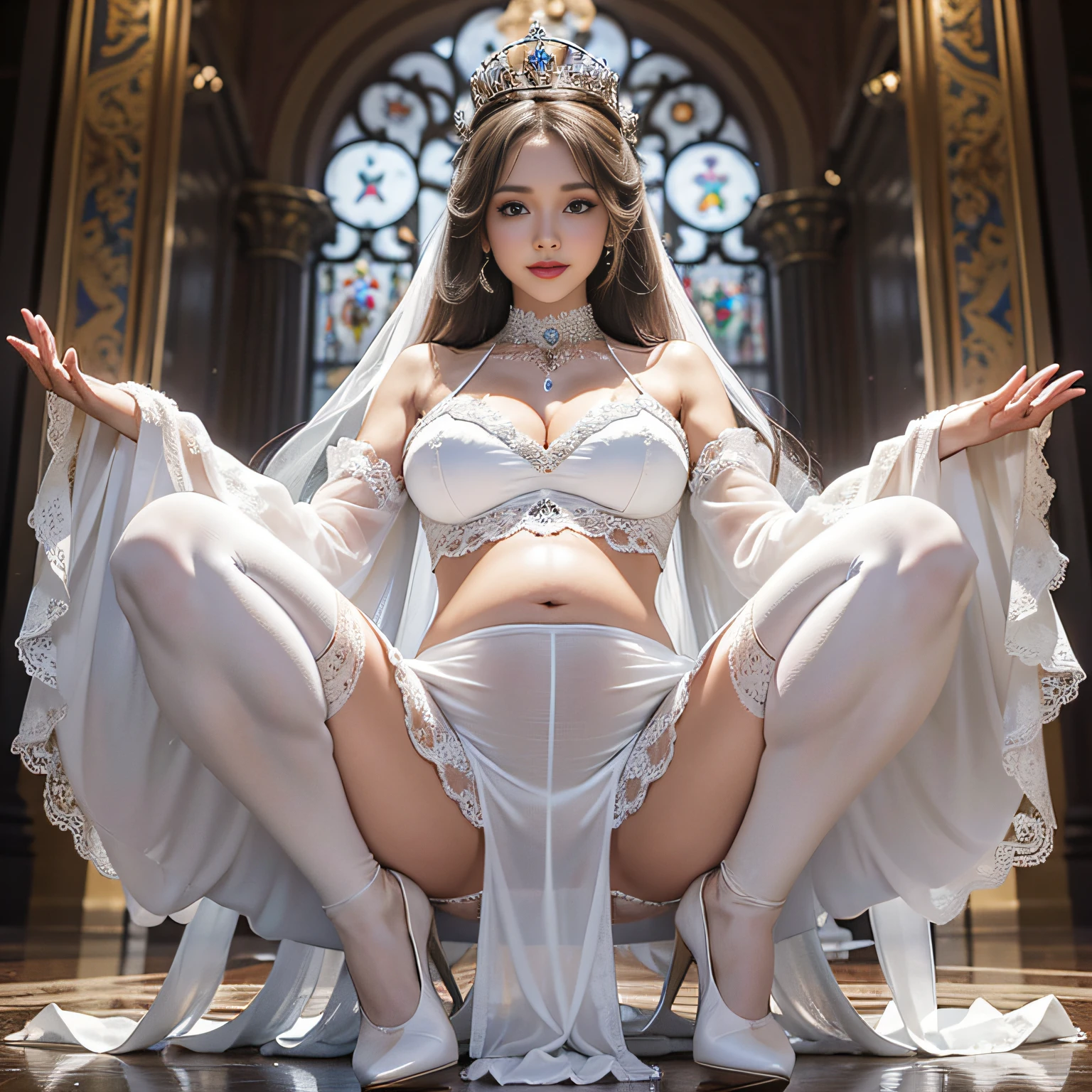 Temperament elegant princess, half squat, pregnant belly, hands raised and smiled, royal jewelry, ultimate luxury, princess crown, light white light evening dress, thin soled pointed toe heels, long white stockings, stilet heels, big breasts, white skin, 8k,