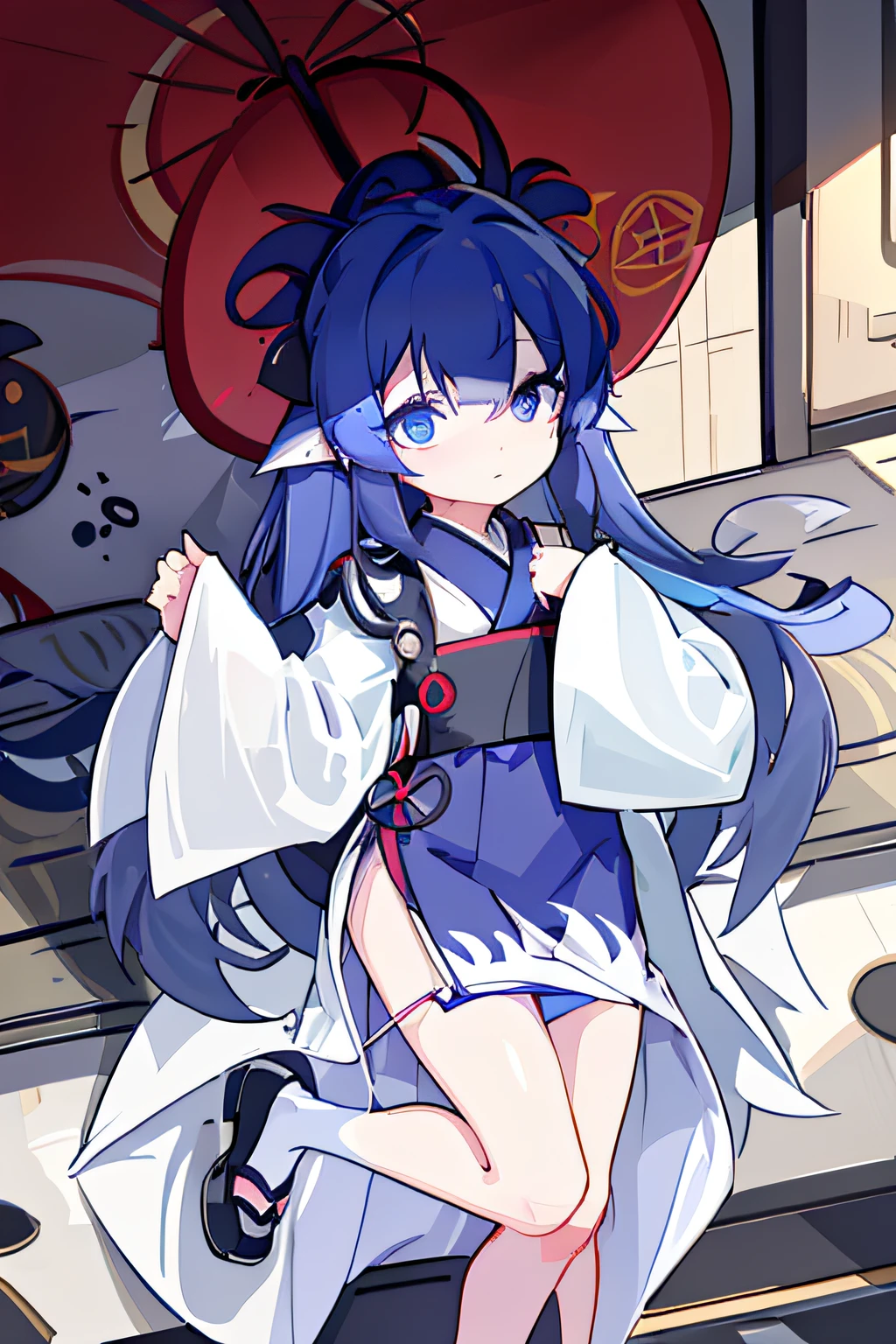 Medium chest, dress_shirt, long_hair, oversized_clothes, kimono, solo_focus, dress_pull, panty_pull, oversized clothes, clothes_on_floor, (floor clothes), sleeves past wrists, sleeves_past_wrists, shoes, blue hair, penetrated