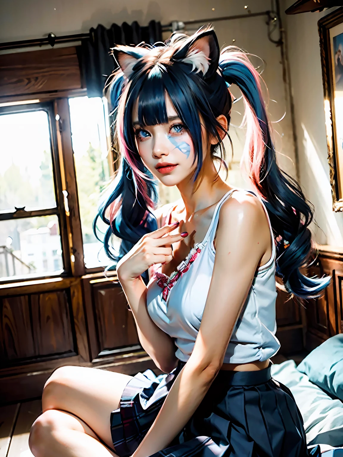 1girl, double ponytail, multicolored hair, hair accessory, hair above one eye, cat ears, blue eyes, blue hair, pink hair, smile, bow, solo, beautiful room interior, makeup, pleated skirt, long hair, bangs, pink nails, open mouth, the most beautiful chaotic form, elegant, brutalist design, bright colors, romanticism, atmosphere, (RAW photo, best quality), (realism, photo realism: 1.3), masterpiece, extremely delicate beauty, extremely detailed, sitting,
