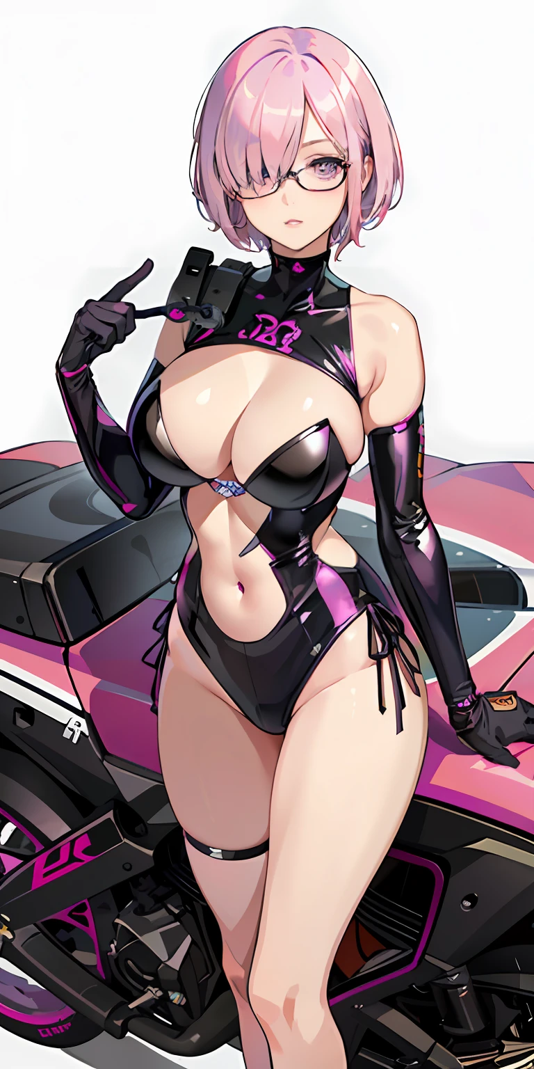 masterpiece, best quality, ultra-detailed, illustration,(1girl),(((mash kyrielight))),pink hair, short hair, purple eyes,((hair over one eye)),black glasses,(((race queen))), beautiful detailed eyes, looking at viewer, close up, (breast focus), pink hair, shy, ars old, full body, Motor Racetrack, (sleeveless)