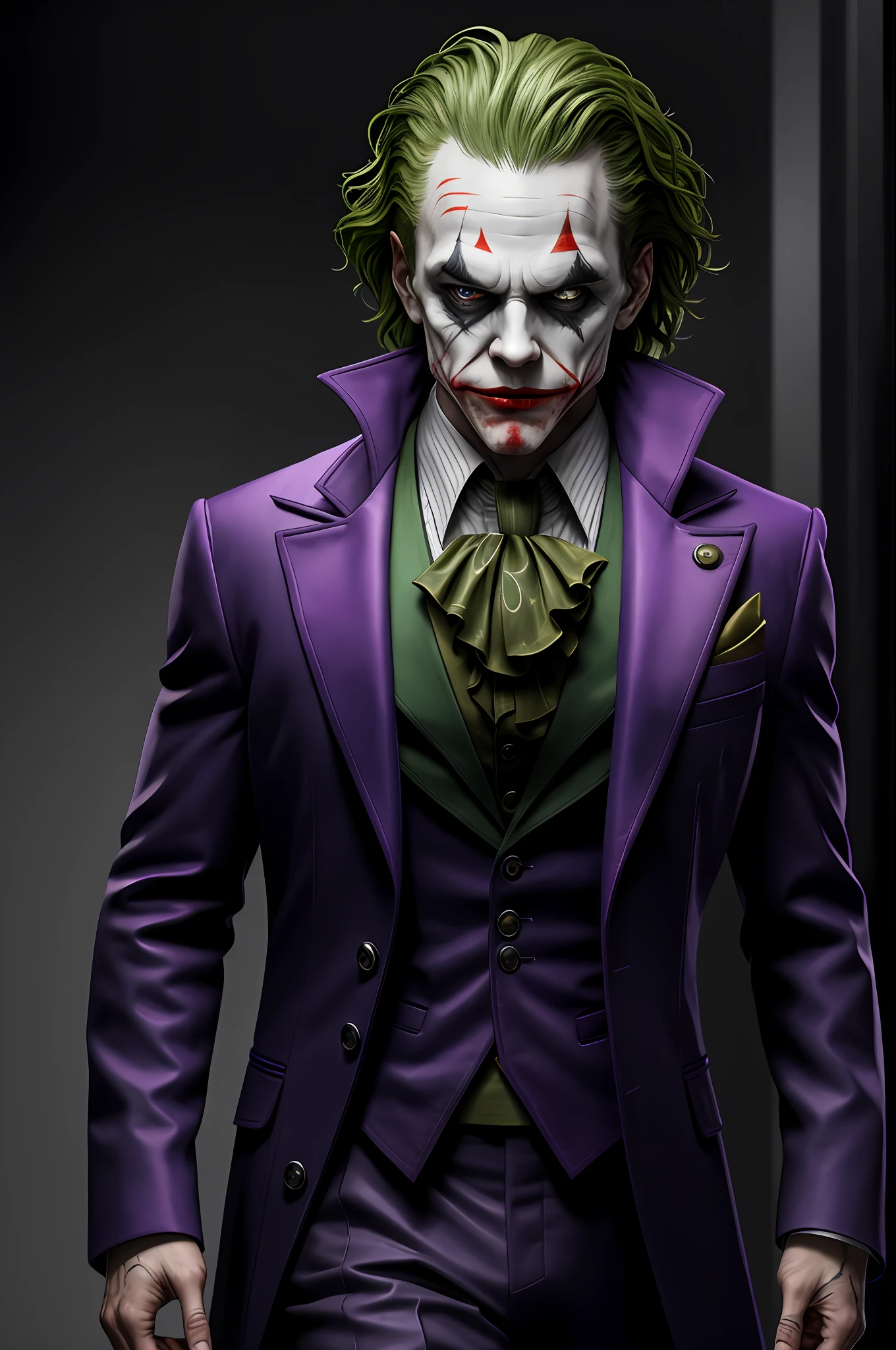 (8k, RAW photo, best quality, masterpiece:1.2), ultra detailed, official art, photo-realistic:1.37, upper body shot, DC Joker, film grain, action pose