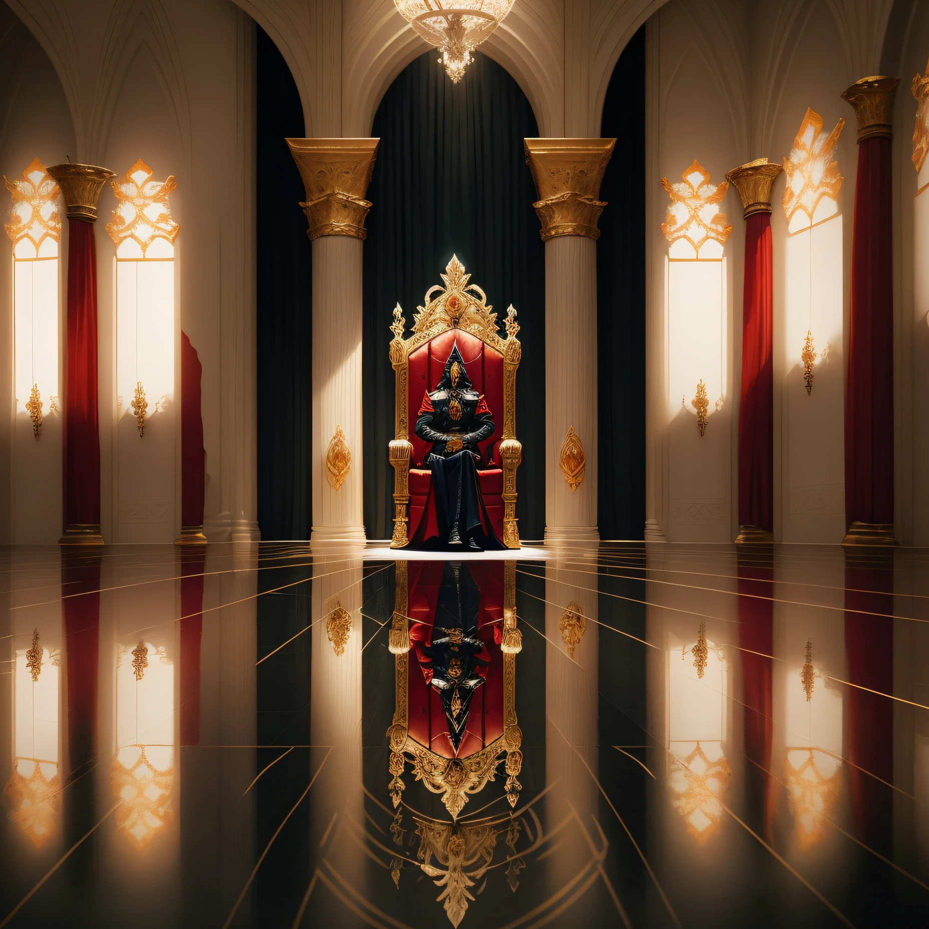 In the grand throne room, the king sits surrounded by his loyal knights, their long swords gleaming in the light. His piercing red eyes survey the room with a silent command.