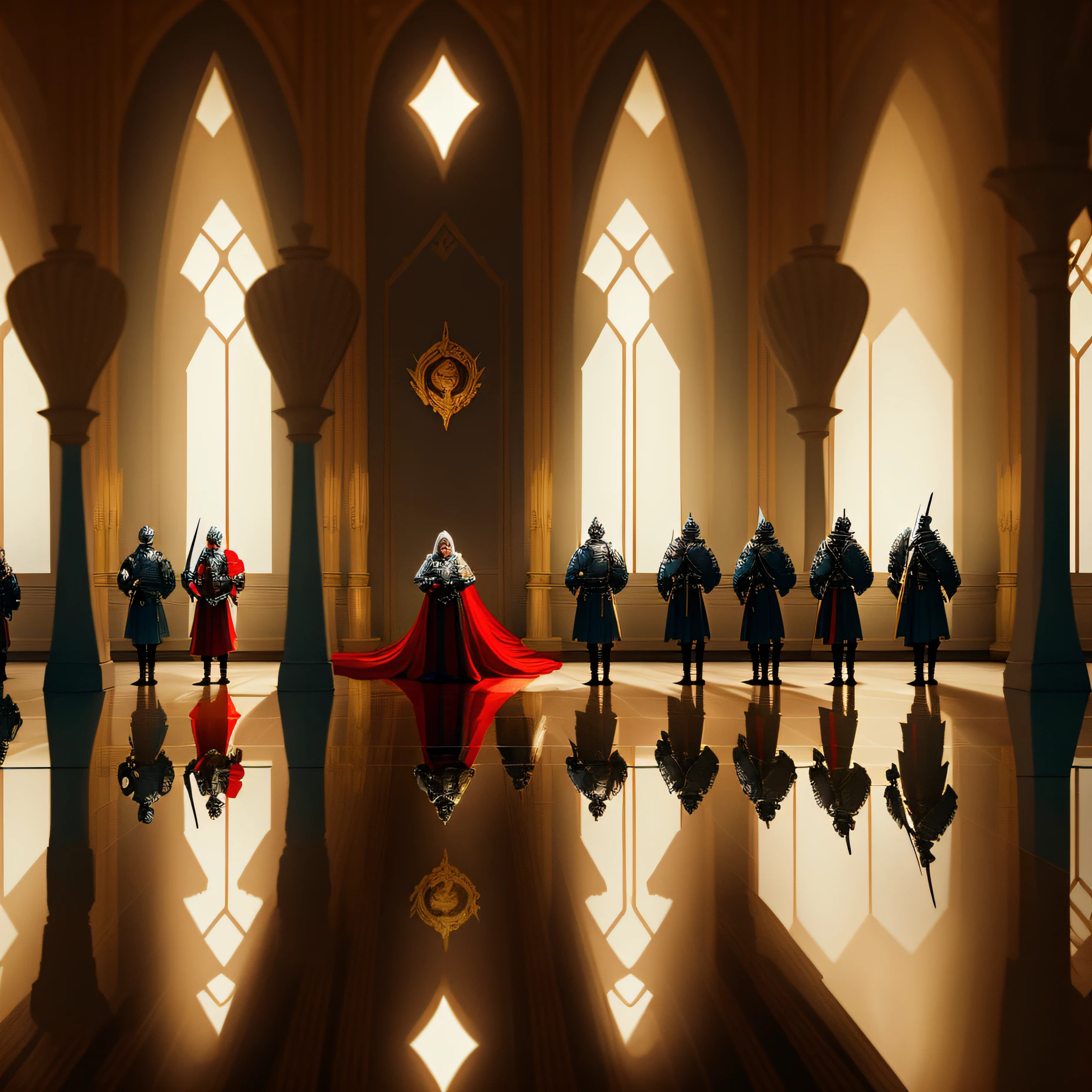 In the grand throne room, the king sits surrounded by his loyal knights, their long swords gleaming in the light. His piercing red eyes survey the room with a silent command.