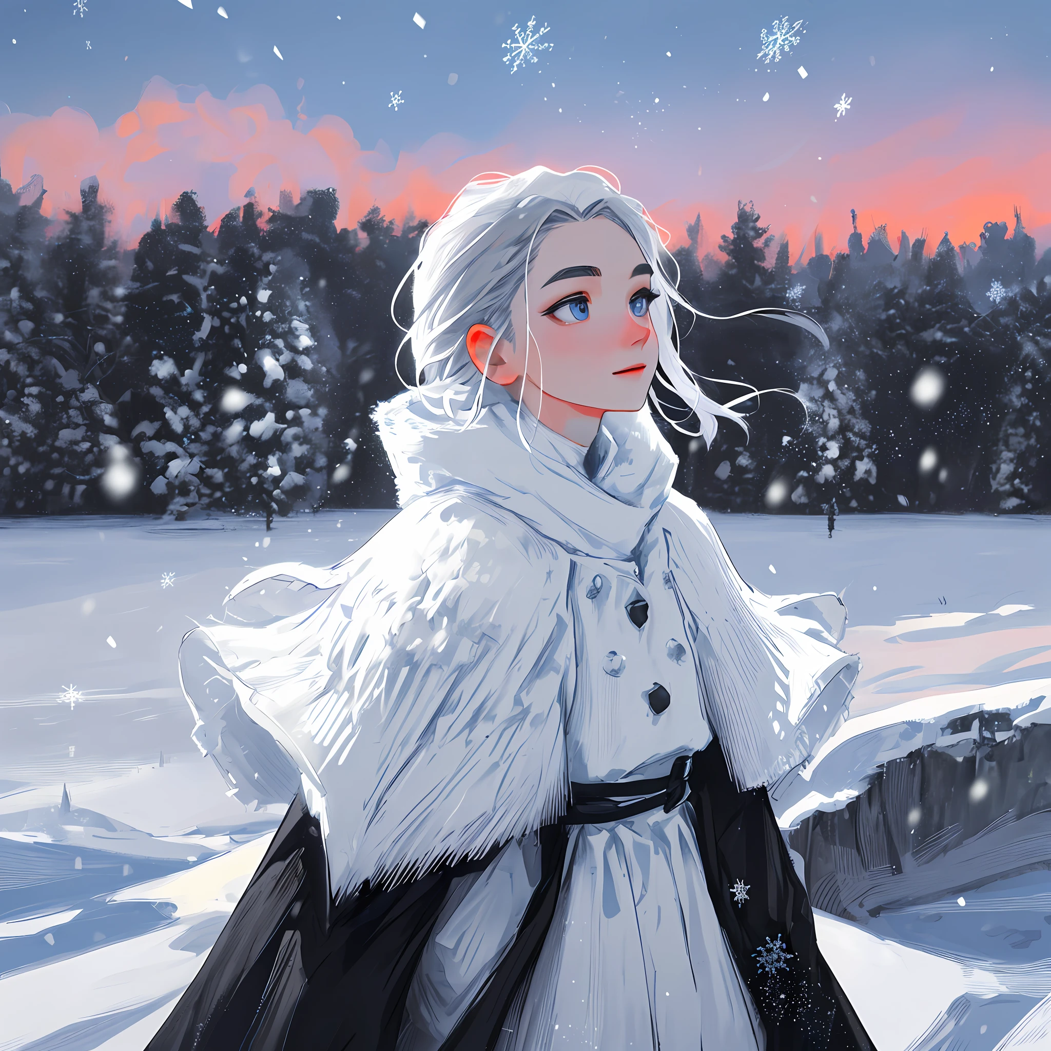 Best texture, high quality, ultra HD, 8K, close-up picture, silver white hair, short and medium hair boy, look up at snowflakes, side face to face the audience, melon seed face, ultra-detailed face, blue eyes, long eyebrows, fair skin, super clear jaw, snow, flying snowflake background, evening, sunset, night, snow room, snow house, snowflakes all over the ground, the lens clearly captures snowflakes falling, rising with the wind, realistic, very detailed, high detail, ultra-clear, a picture full of happiness.