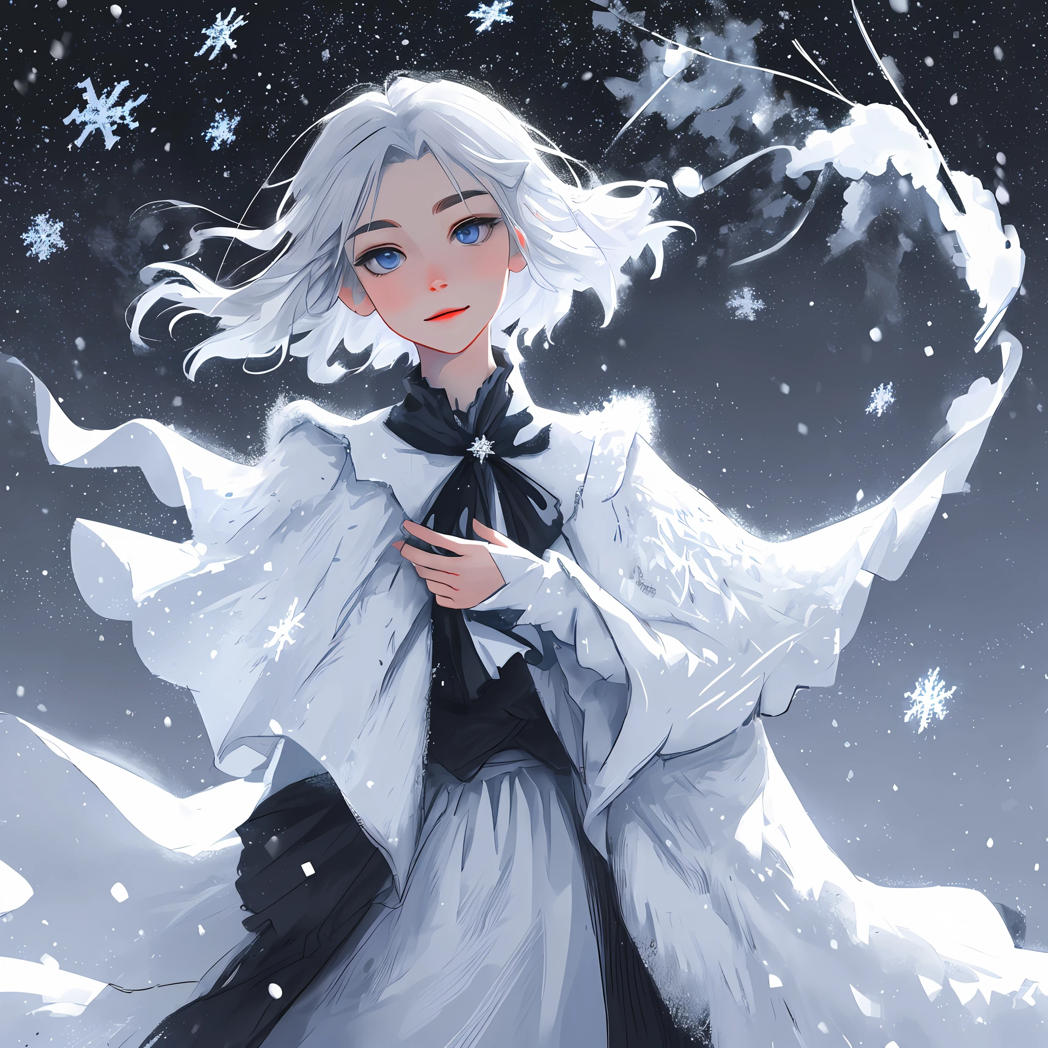 Best texture, high quality, ultra HD, 8K, close-up picture, silver white hair, short and medium hair boy, look up at snowflakes, side face to face the audience, melon seed face, ultra-detailed face, blue eyes, long eyebrows, fair skin, super clear jaw, snow, flying snowflake background, evening, sunset, night, snow room, snow house, snowflakes all over the ground, the lens clearly captures snowflakes falling, rising with the wind, realistic, very detailed, high detail, ultra-clear, a picture full of happiness.