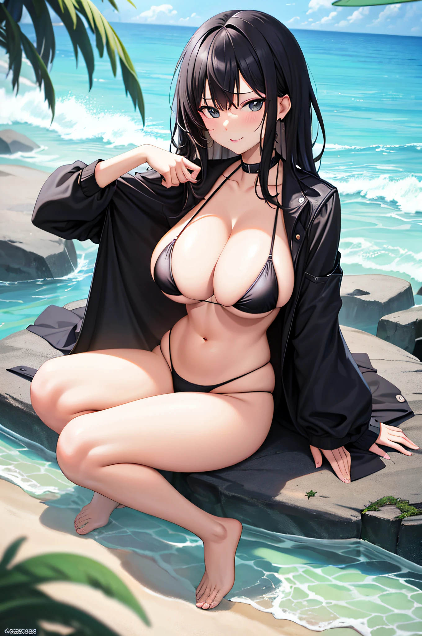 sexy, embarrassing face, black hair semi-long, big breasts, cleavage, micro bikini, sandy beach, rocky area,