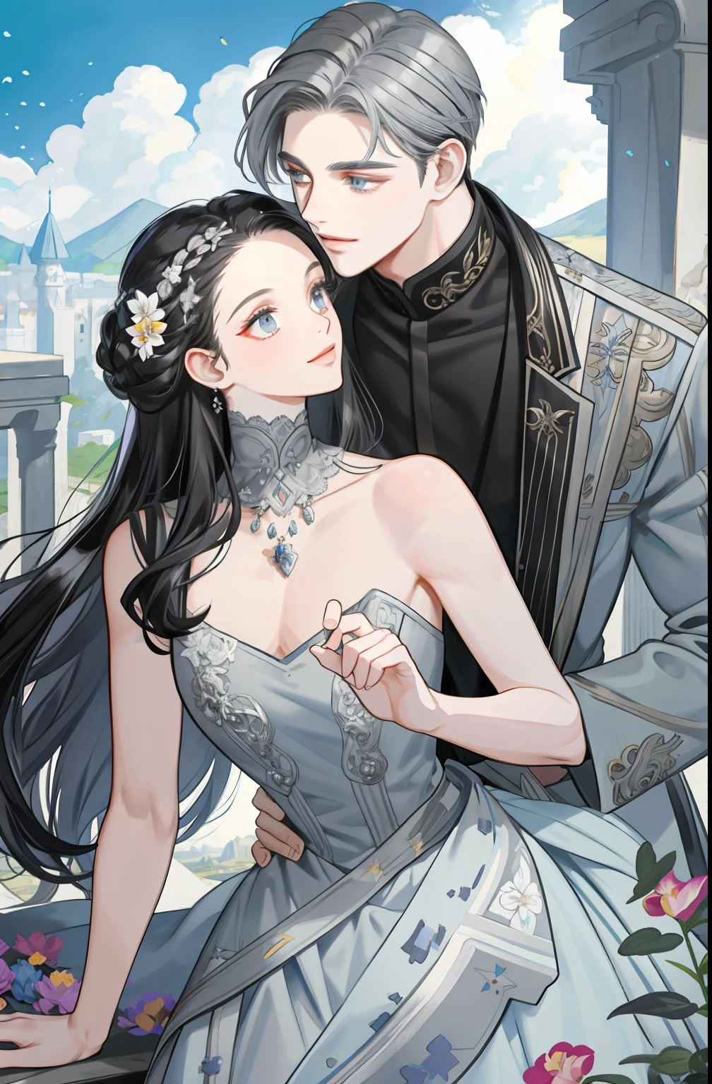 masterpiece, best quality, 2 others, couple, hetero, 1 man with 1 woman, silver and black hair, height difference, different colors, happy, love, landscape full of flowers, forehead, light blue and gray eyes,