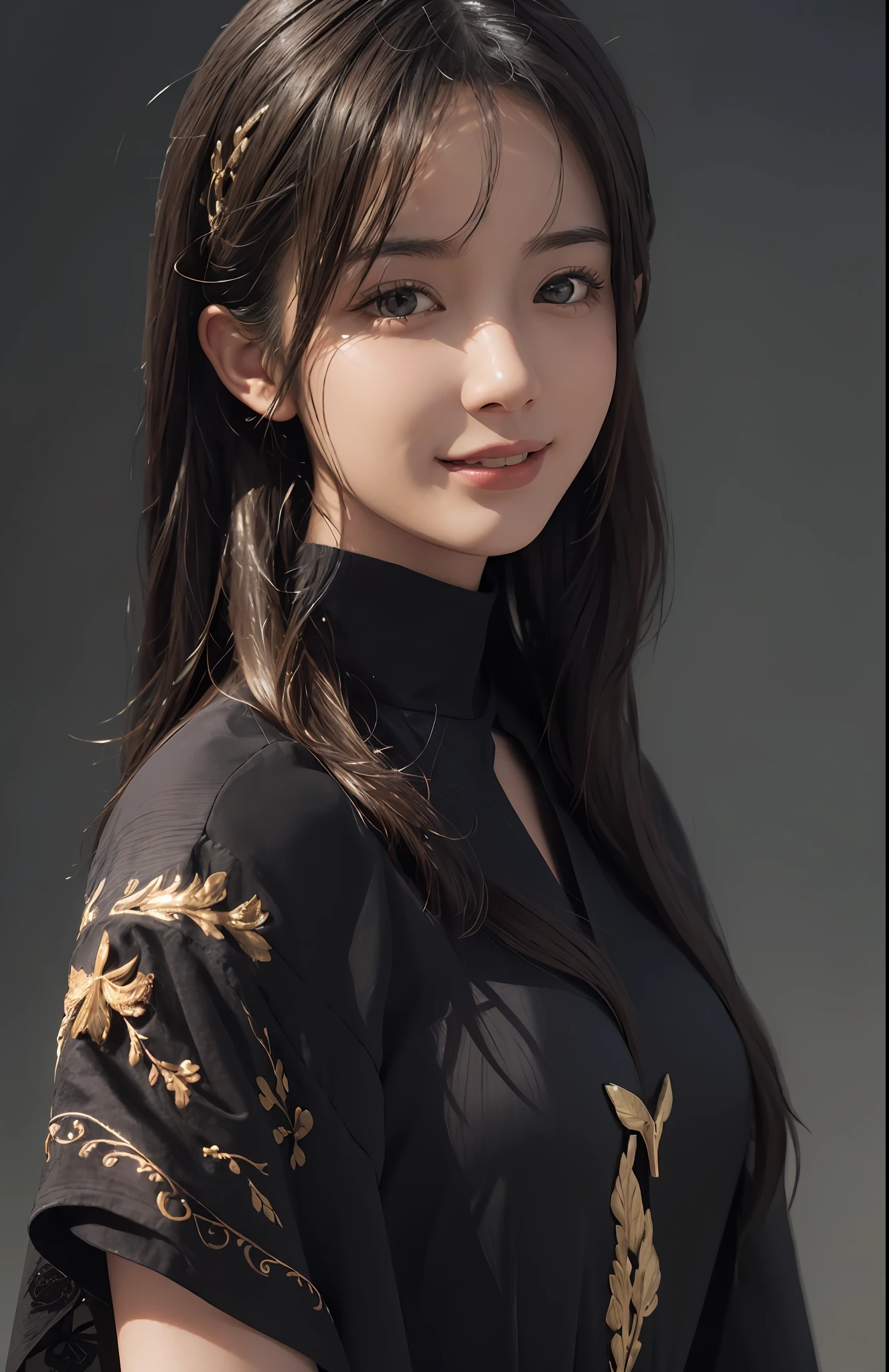 (Ultra Realistic), (Illustration), (Increased Resolution), (8K), (Extremely Detailed), (Best Illustration), (Beautiful and Detailed Eyes), (Best Quality), (Ultra Detailed), (Masterpiece ), ( wallpaper), (detailed face), solo, 1 girl, looking at viewer, fine details, detailed face, in the dark, deep shadows, low key, pureerosfaceace_v1, smiling, long hair, black shawl straight hair , 46 points oblique bangs