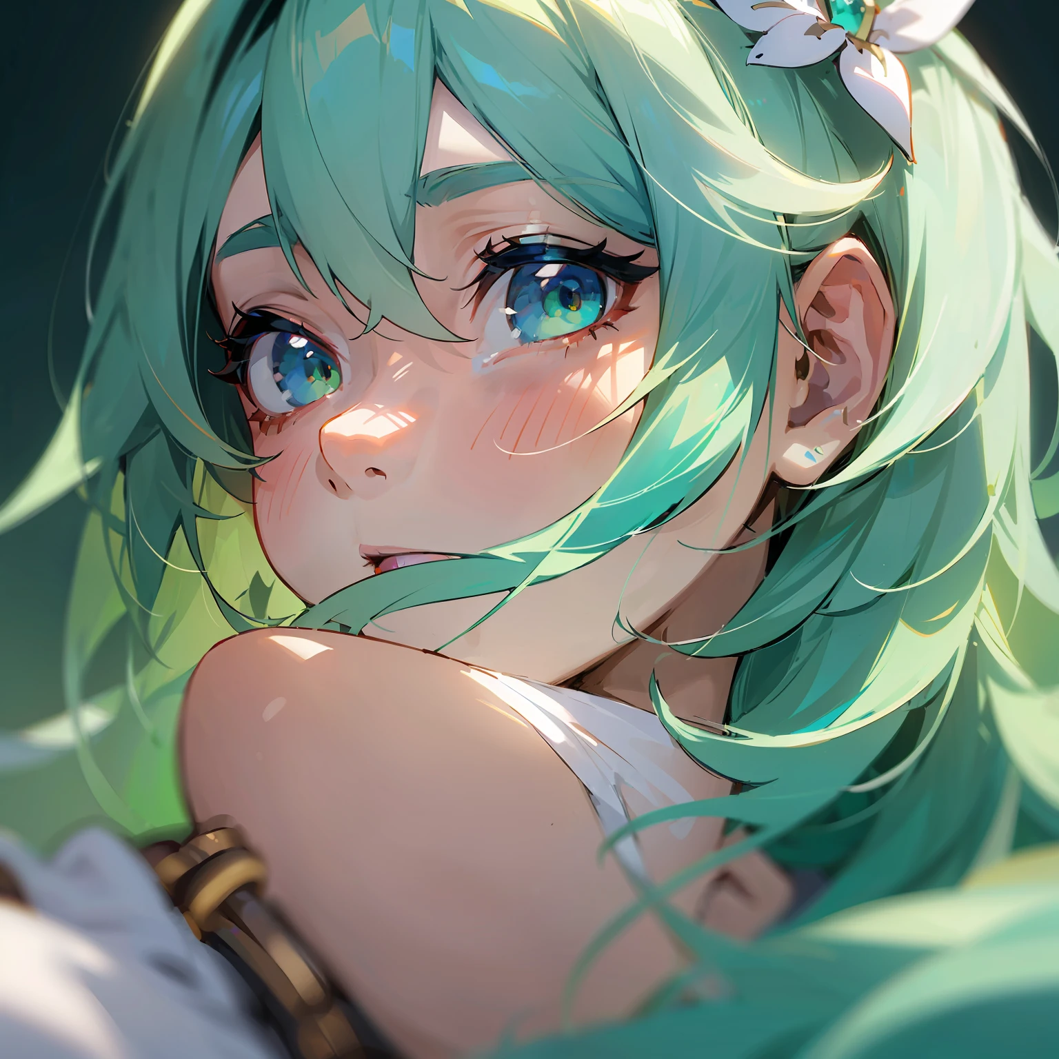 ((masterpiece)), ((high detail)), 1girl, ((ultra-detailed)), ((delicate face)), beautiful detail eyes, gradient hair, hair between the eyes, GSHead, 1girl, solo, blue hair, green eyes, genshin_impact, black_background, look at the audience, --auto --s2
