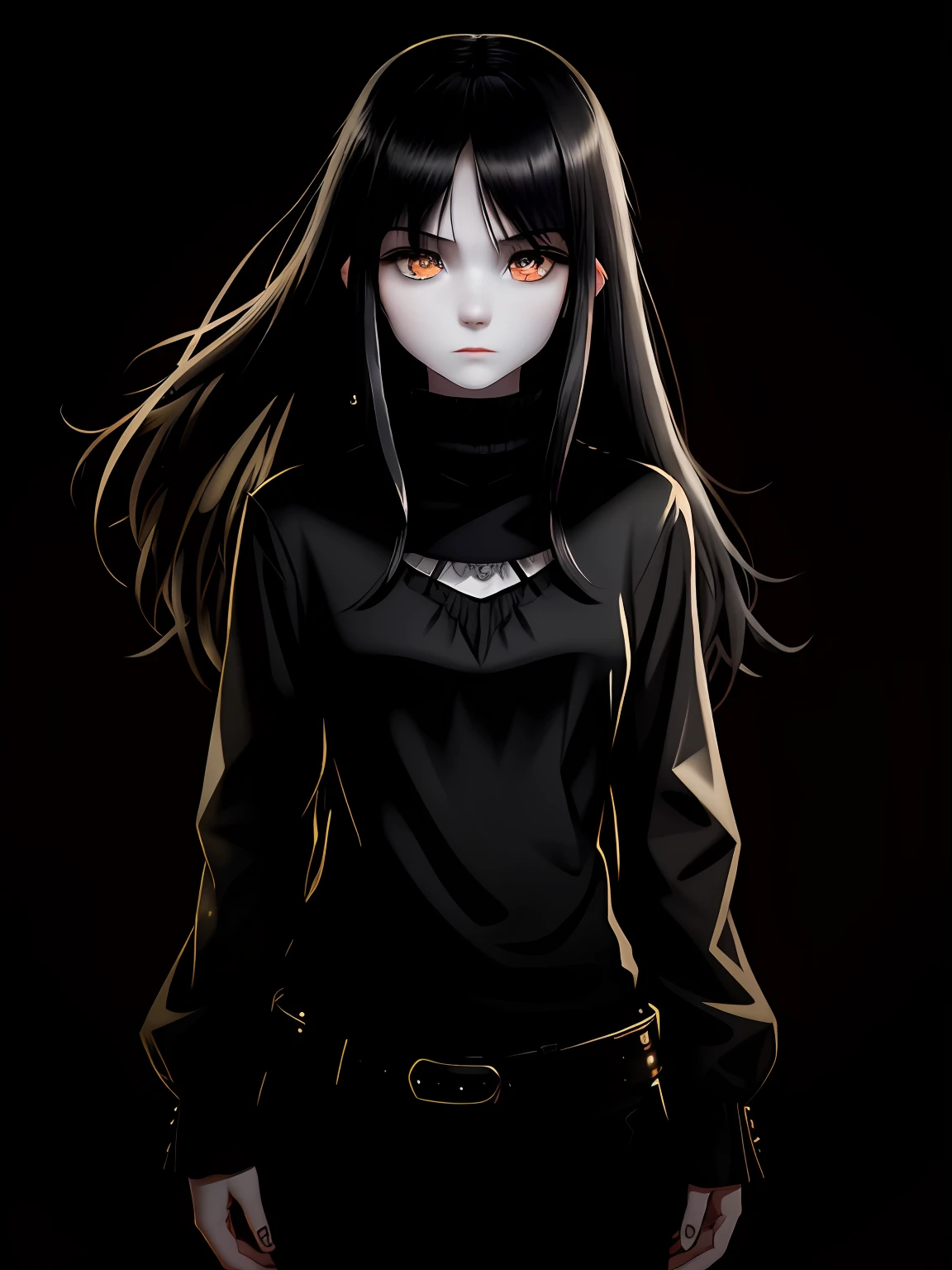 A pre teen old girl with pale skin and long, straight black hair. large and dark eyes  , with an intense and enigmatic expression. Wearing tight black clothes, with a more elegant and sophisticated touch, something that matches her mysterious and strong personality. Overall, her appearance would be striking, attracting curious and intrigued looks. flat chested, cinematic lighting, chromatic aberration, backlighting, masterpiece, high details, high quality, 4K.