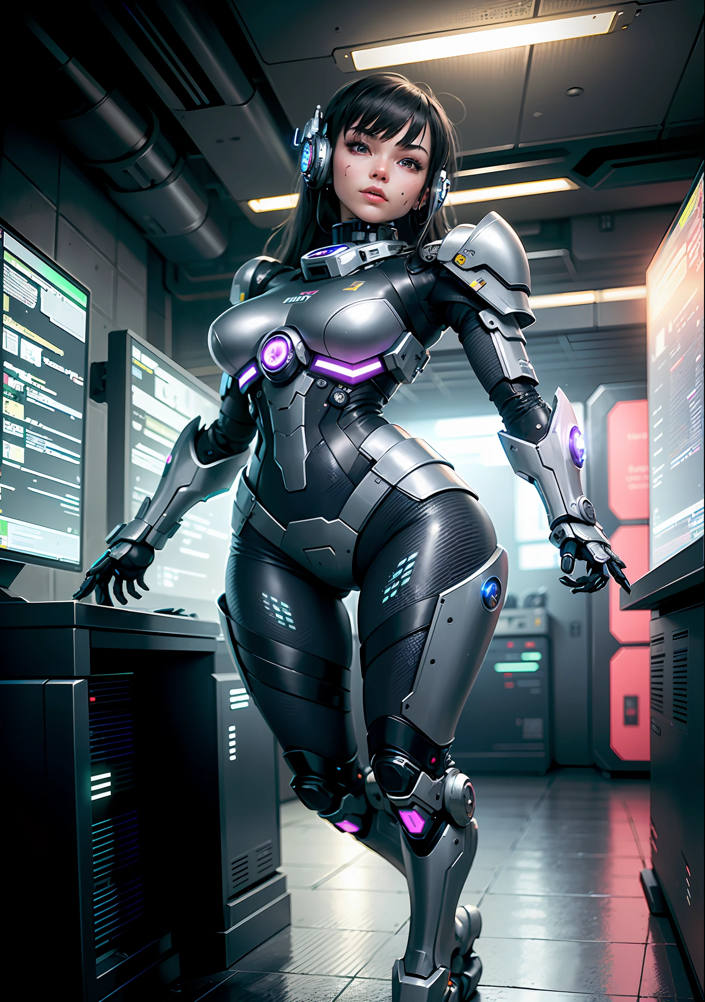 best quality, extremely detailed, (POV, 1girl, Robot Girl (solo), anime, gray skin, facial implants, bionic armor, metal bones, steel and titanium leather, bionic face, mechanical joints, hard circle eyes, extremely detailed full-body armor, jet engines, dark dynamic background, glowing eyes, cyberpunk style, glowing aura), dynamic pose, android girl, cyberpunk, computer glitch, holograms, hacking, absurd, in a hyper-detailed room full of computers and computer screens, (best quality), digital illustration of the cyber dead,