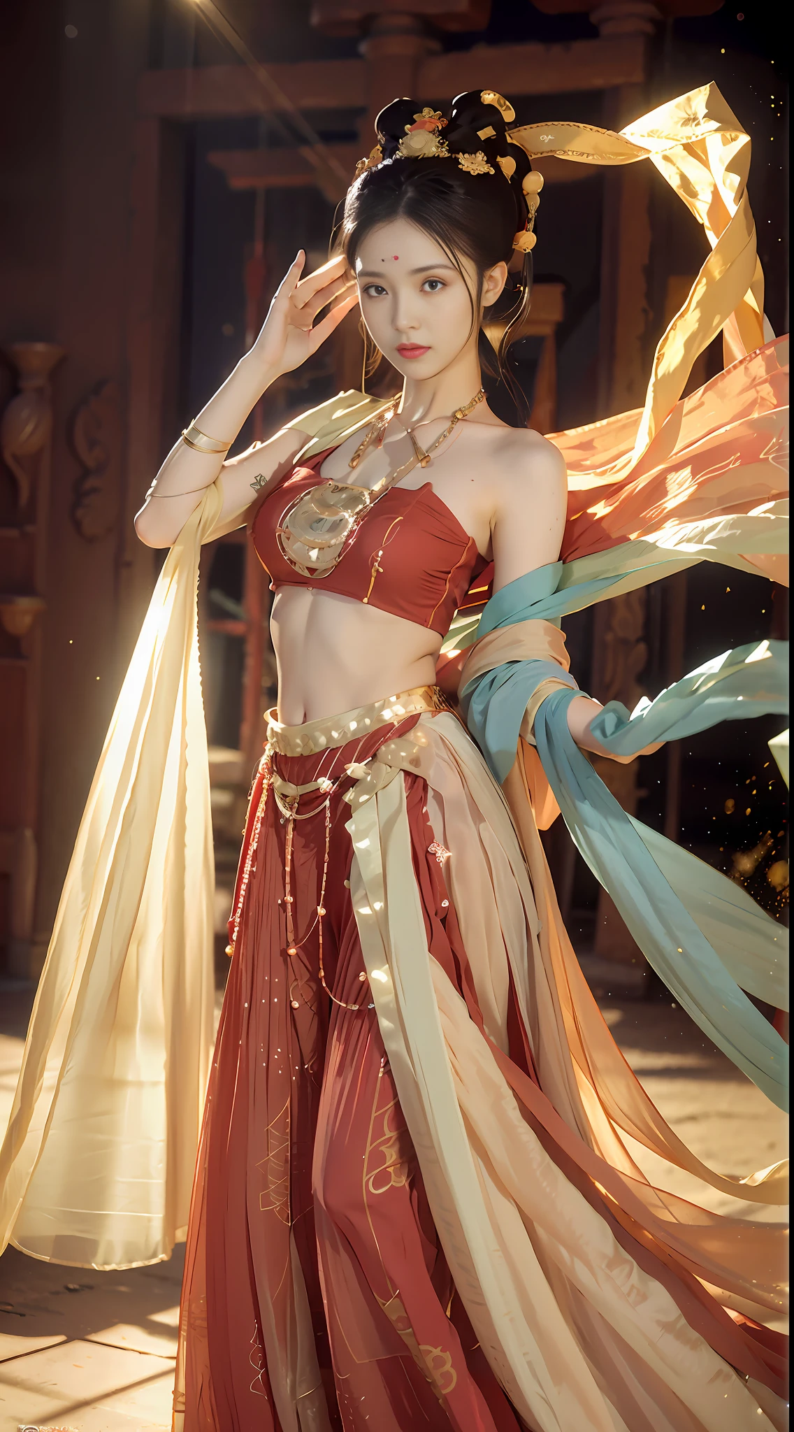 (8k, RAW photo, best quality, masterpiece:1.2), (realistic, photo-realistic:1.4), (extremely detailed CG unity 8k wallpaper), (1 girl:1.5), Western beauty, (Red clothes: 1.4), red dots on forehead, pale skin, blush, big eyes, full body, thighs, open navel, gold waist chain, gold jewelry, flying ribbons, particles, background is Loulan ancient city, ancient city wall, desert, dance, dunhuang_dress, dunhuang_style, attractive pose, Korean female fashion model, wearing long fluent clothes, conforming to anatomical morphology, bare chest