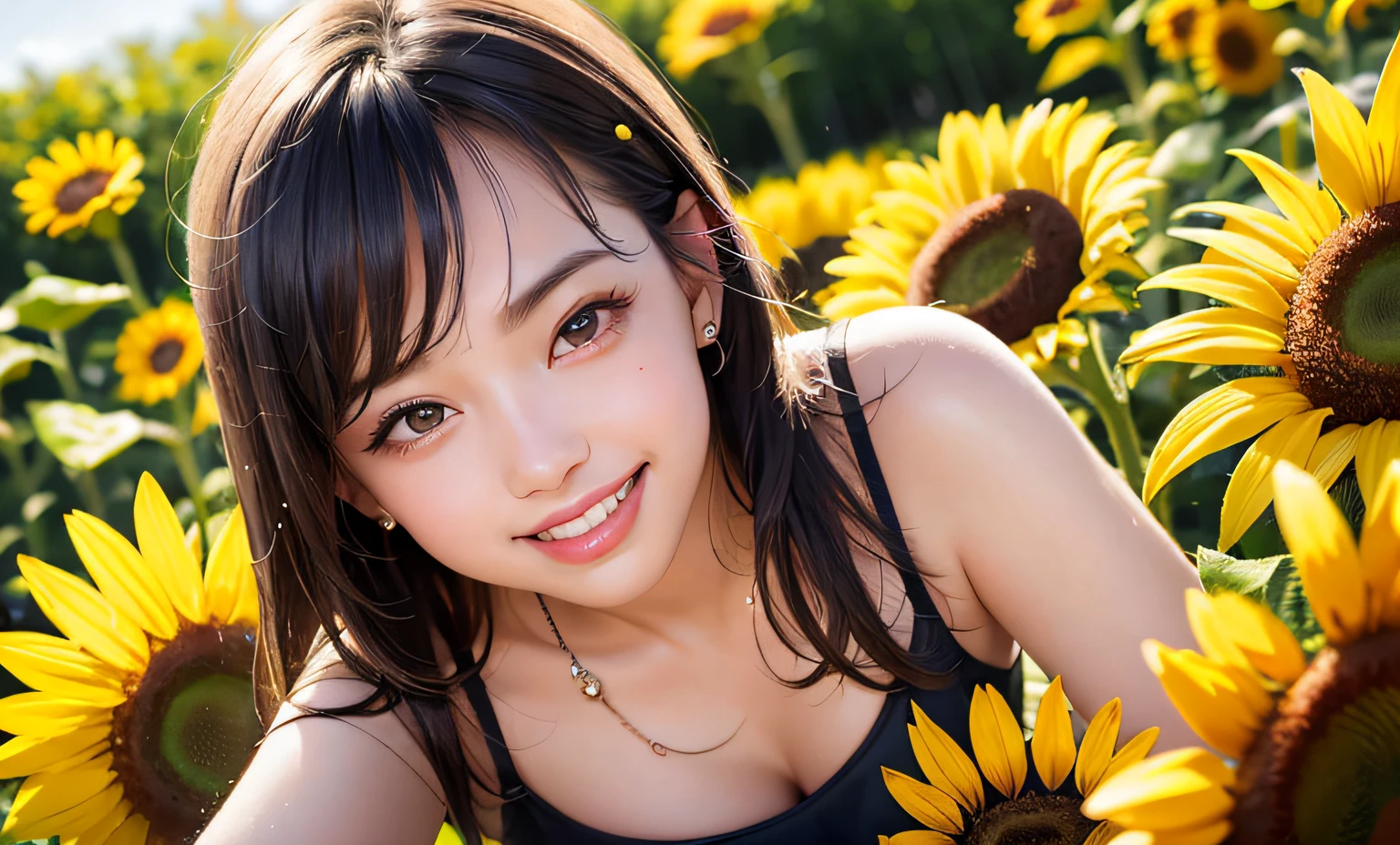 (8k, RAW photos, photorealistic: 1.25), (lip gloss, eyelashes, smile showing teeth with braces, bright face, bright skin, highest quality, ultra high resolution, depth of field, chromatic aberration, causticism, wide lighting, natural shading) see the viewer with a calm euphoria, diffused light, in a sunflower field, composition from the sky
