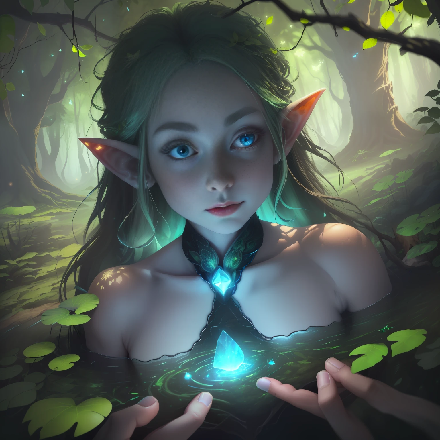 {Intricate magic ring made of small elf fairies } , a portrait of a elf girl with freckles and bright striking blue eyes posing for a photo,full body, bare shoulders, muscular, fit, defined abs, thongs, (prominent cameltoe) white freckles, long flowing green hair flying, glowing radiance, beautiful pale makeup, color portrait, stunning portrait, elegant freckles, wearing black thongs with glowing runes of power, black gloves, star-shine, gold dust spread across her skin and her face, (dark, hyper-realistic photos (((portrait))) refraction ,Dark background of magical night forest, deep woods, towering ruins, starlight skies, A mystical and epic landscape, featuring a fantastical and surreal world of floating islands, giant trees, and mythical creatures, that transport the viewer to a world of imagination and wonder, artstation, digital art, intricate, trending, bright colors suitable for viewing in public places A masterpiece, the best quality, stunning reflections, the best reflections ever. (very detailed CG unity 8k wallpapers), (best quality), (best illustrations), (best shadows), forest theme with natural elements. Tall trees, quiet streams, small glowing mushrooms surrounded by delicate leaves and branches, with fireflies and glowing particle effects,, (natural elements), (jungle theme), (leaves), (twigs), (fireflies), butterflies, (delicate leaves), (glow), (particle effects). , Isometric 3D, Octane Rendering, Ray Traced, Super Detailed, runes of power, game icon (masterpiece)
