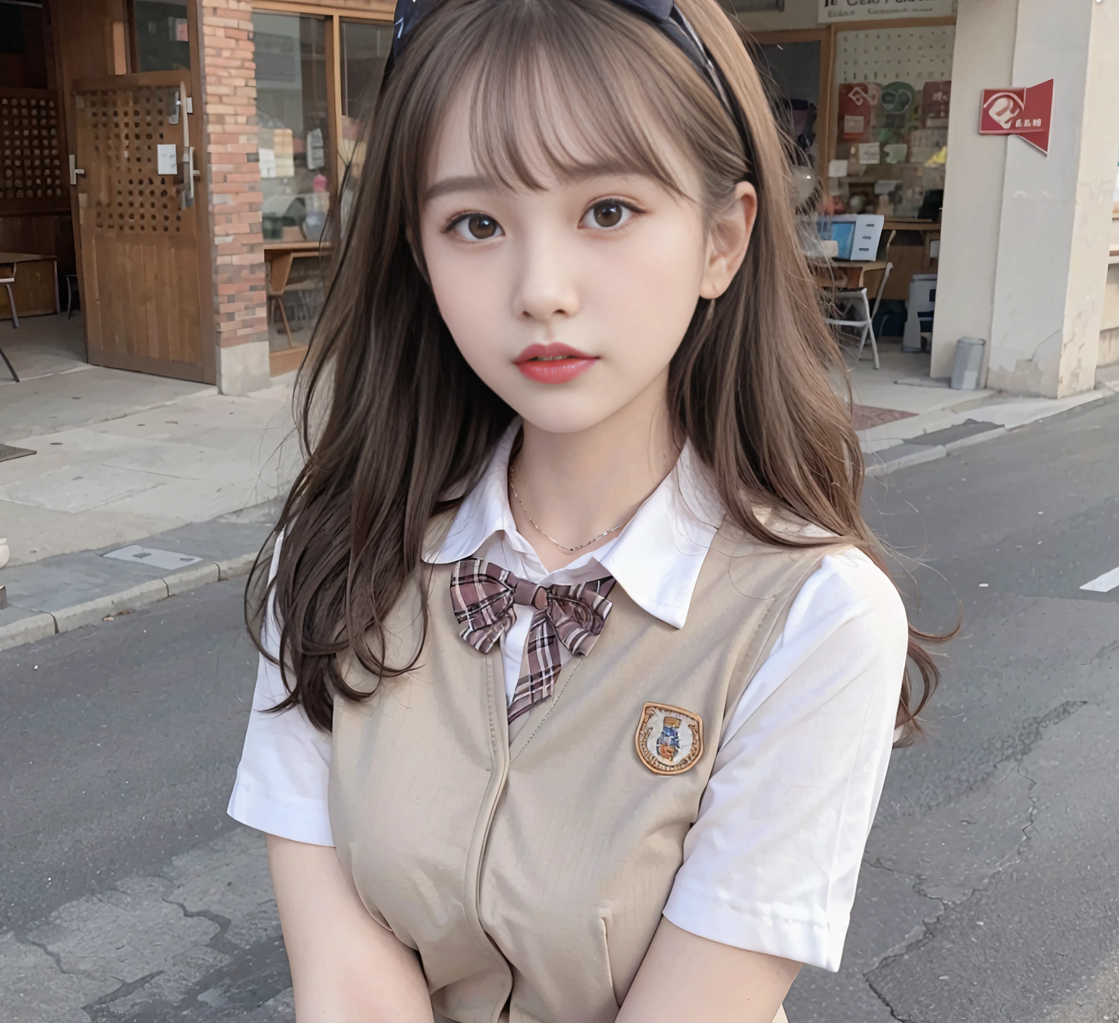 best quality, ultra high res, (photorealistic:1.4), 1girl, loose and oversized black jacket, white sports bra, (yoga pants:1), (light brown hair:1.2), Llooking at viewer, smiling, futt body, streets, urban, makeup, wide angle