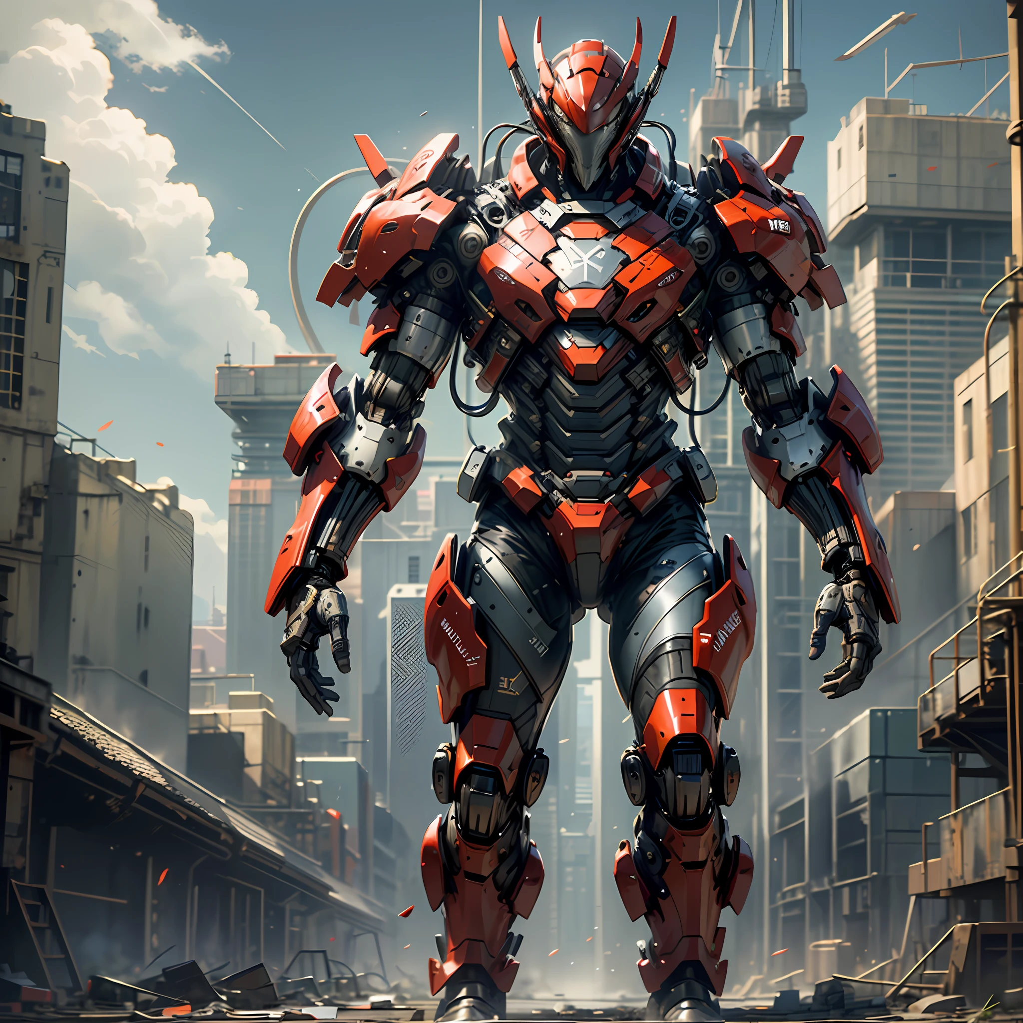 (masterpiece), (best quality), 8k resolution, RAW photo, realistic, 1man, young man in exoskeleton, red armor, mechanical, stunning beauty, full body, standing in front of a giant robot, stand, cool pose