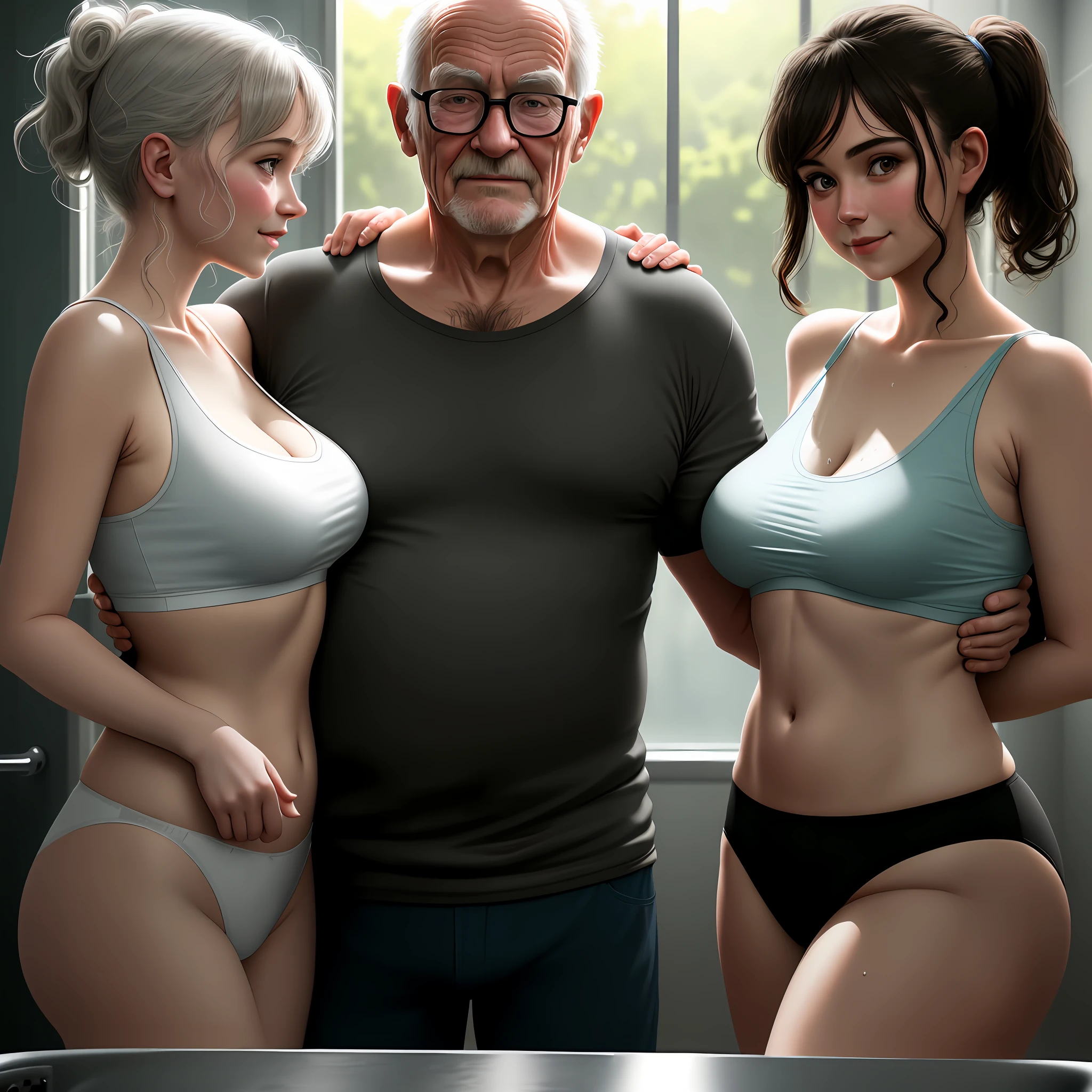 There are only two people in the bathroom, the two look at each other, wet body and hair, an old man and a big-breasted girl lou shower together, the old man squints at the girl, the girl smiles at the old man, the big-breasted girl is squeezed from behind by the old man, the girl looks back at the old man affectionately, the girl's chest is pressed against the glass, the girl's chest is pressed and deformed, the girl shows her shoulders and navel, the two people look at each other affectionately, hot love, forget the year, old husband and young wife, best quality, masterpiece, high resolution, Tindal effect, realism, shadow studio , Edge Lighting, Bicolor Illumination, (High Detail Skin: 1.2), 8k UHD, DSLR, Soft Light, High Quality, Volume Lighting, Photo, High Resolution 4K, 8k,