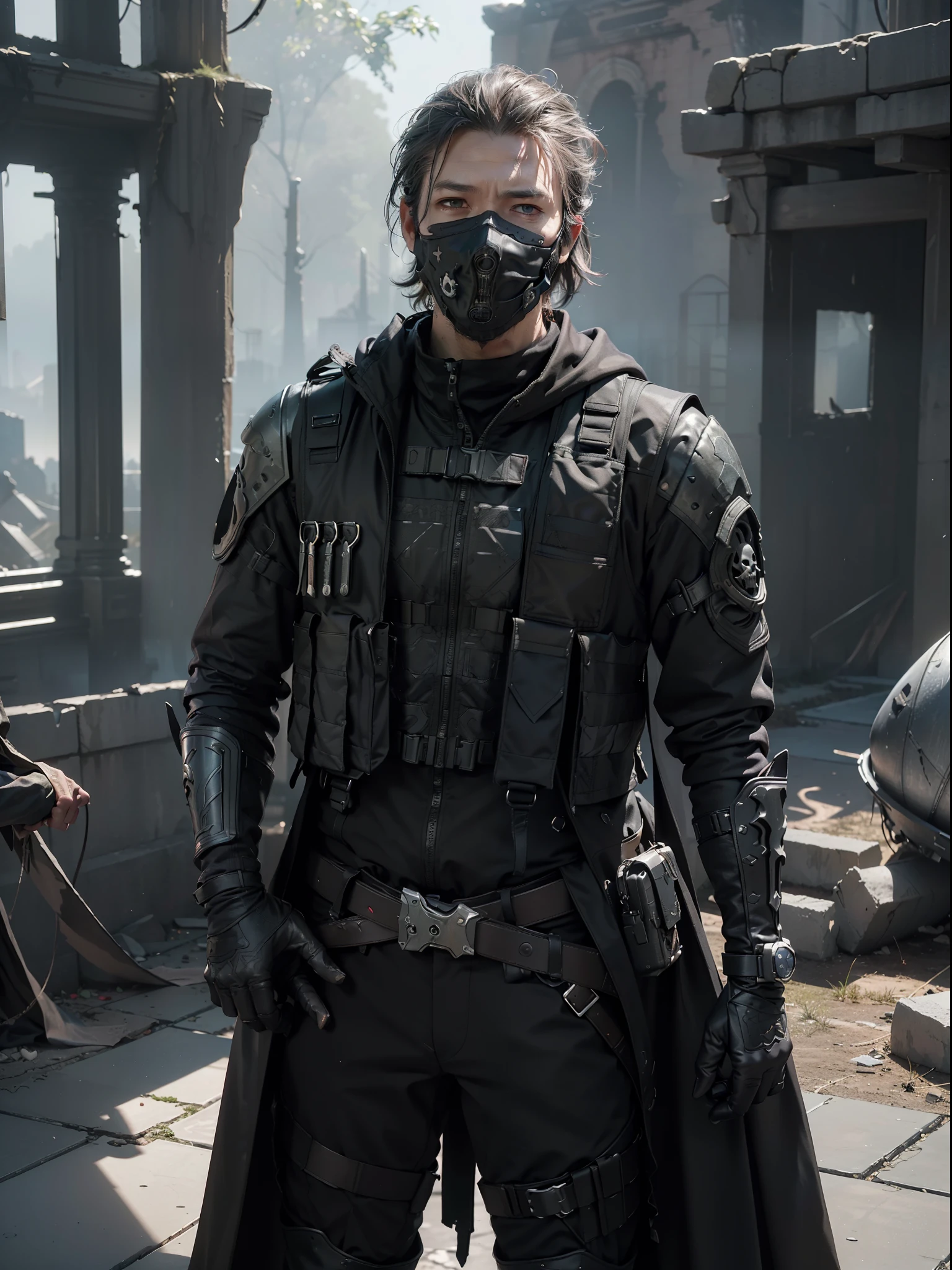 (extremely detailed CG unity 8k wallpaper), (masterpiece), (best quality:1.2), (highres), (illustration:1.1), (cinematic light:1.1), finely detailed, intricate details, (best illustration), 8k resolution, intricate details, best quality, realistic, ultra-detailed, best illumination, best shadow, ultra-HD, cryengine, ultra hd, (detailed reflection), detailed shadows, (((intricate details))), smooth, ((perfect shading)), high quality metal texture, metallic luster, highly detailed illustration, (semi realistic:1.6), (wide_shot:1.2), (from below, dutch_angle), dutch angle, ((cowboy shot)), (((1male:1.5))), (with sword), (((athletic male))), ((manly:1.5)), ((half-closed eyes)), (grey eyes), very detailed face, (((short slicked back hair:1.1))), ((black clothes)), ((high quality black tactical gear, black tactical vest)), clothes flapping with wind, (urban_tech-wear + black_gloves), (((hoodup))), (stalker \\(warframe\\), ((beautifully detailed metallic black skull mask)), ((intricate beautifully detailed jackal_skull_mask)), ((tactical vest + tactical gear)), (survival gear), black clothing, tall boots, (long black coat), (((wearing highly detailed torn black cloak))), perfect hands, archangel, demi-demon, complicated background, dynamic camera angle, blood rain behind, (warzone), (((high quality detailed ruins))), (depth of field), ((cinematic lighting)), ((horror)), ((dark fantasy)), lovecraftian, spot color, monotone, red, splashing blood, (best illumination), (hyper intricate details), ((ultra-detailed)), 4k unity, (extremely detailed CG:1.2), (8k:1.1), ((landscape view)), Artstation, ((by sui ishida, by Wenjun Lin, by stefan morrell)), dystopian art, apocalypse art, ((semi-realistic)), (realism), (dynamic), (nixeu_basic2:0.5),