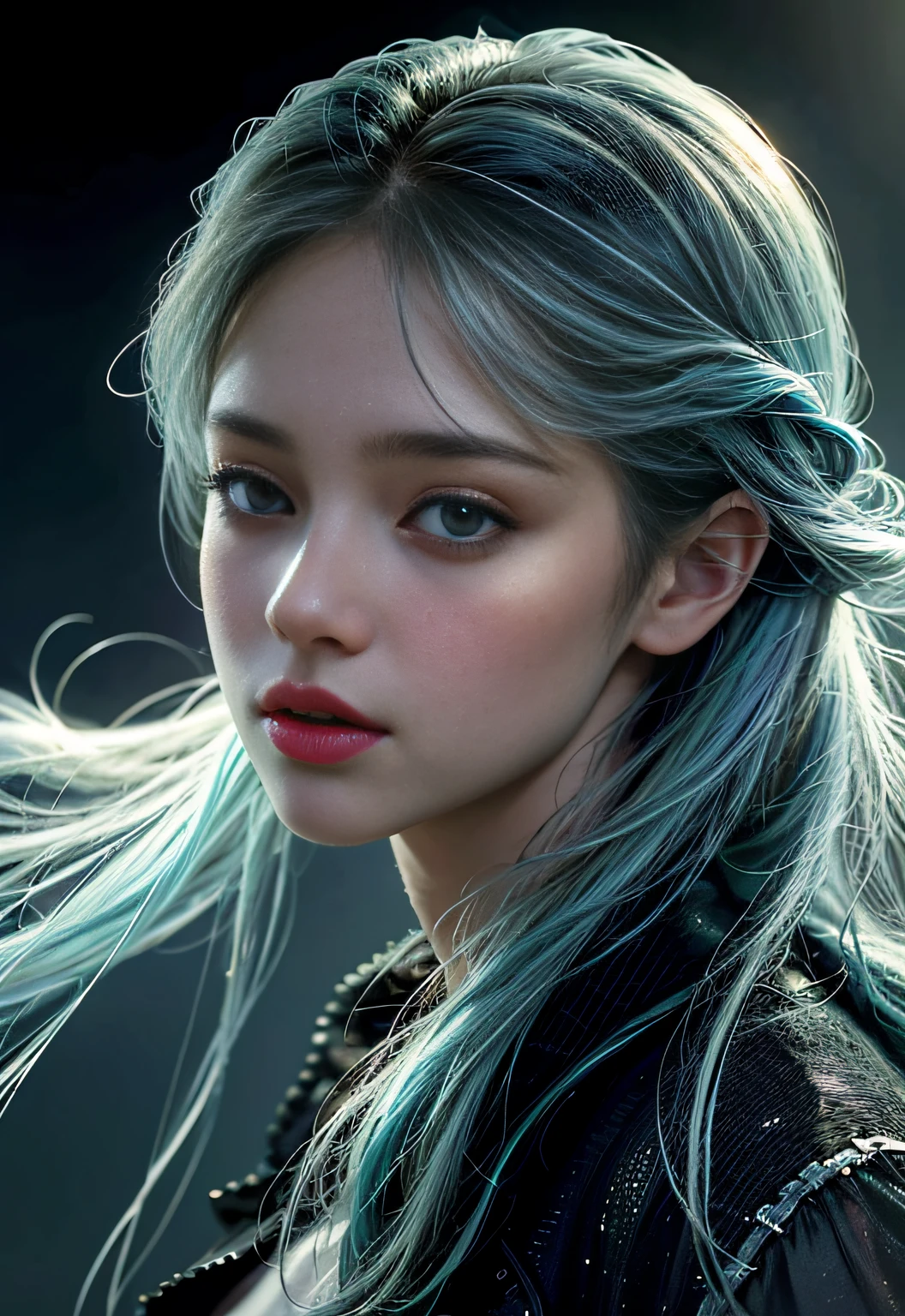 1 girl, beautiful, magic style, best quality, high resolution, masterpiece, (rainbow sugar: 0.8), (half: 1.3), marine, cool tones, low saturation, (extremely detailed face) (very detailed and expressive eyes)