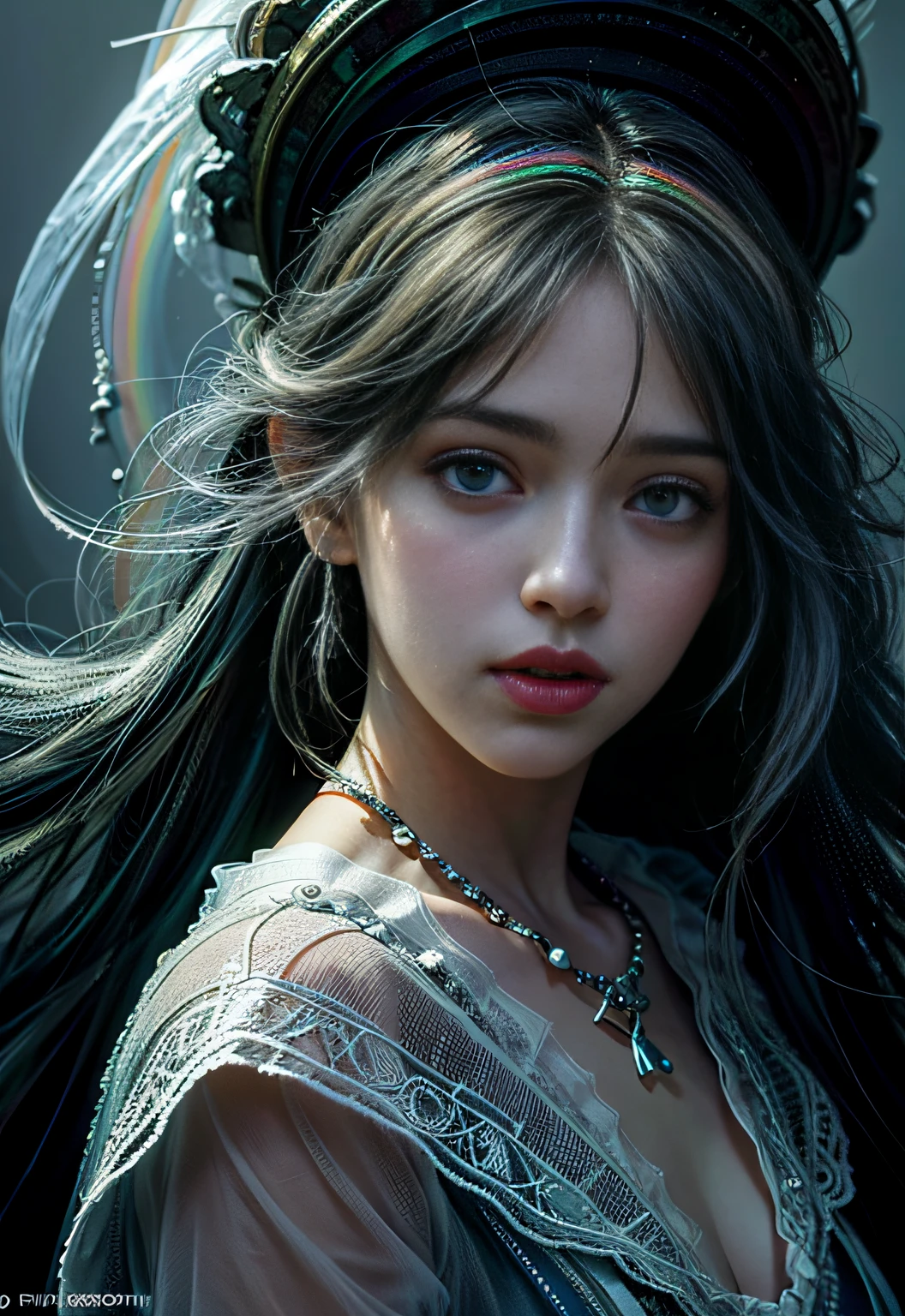 1 girl, beautiful, magic style, best quality, high resolution, masterpiece, (rainbow sugar: 0.8), (half: 1.3), marine, cool tones, low saturation, (extremely detailed face) (very detailed and expressive eyes)