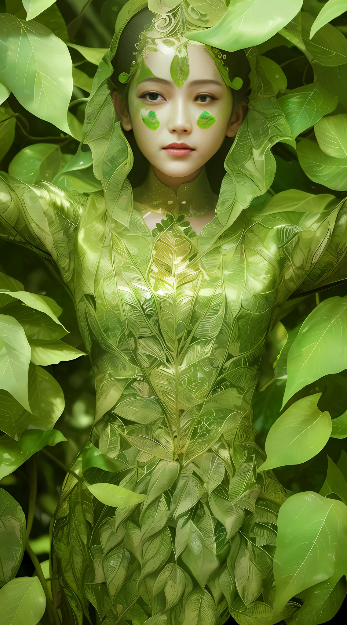 Handicraft photo, photo of a large leaf of an artificial tree, upside, leaves through the afternoon sun, intricate, shiny, transparent, translucent, (women are painted on the leaves), medium view, close-up of leaves, grotesque art style, extremely creative, ethereal, simple and mysterious, high quality, 8k