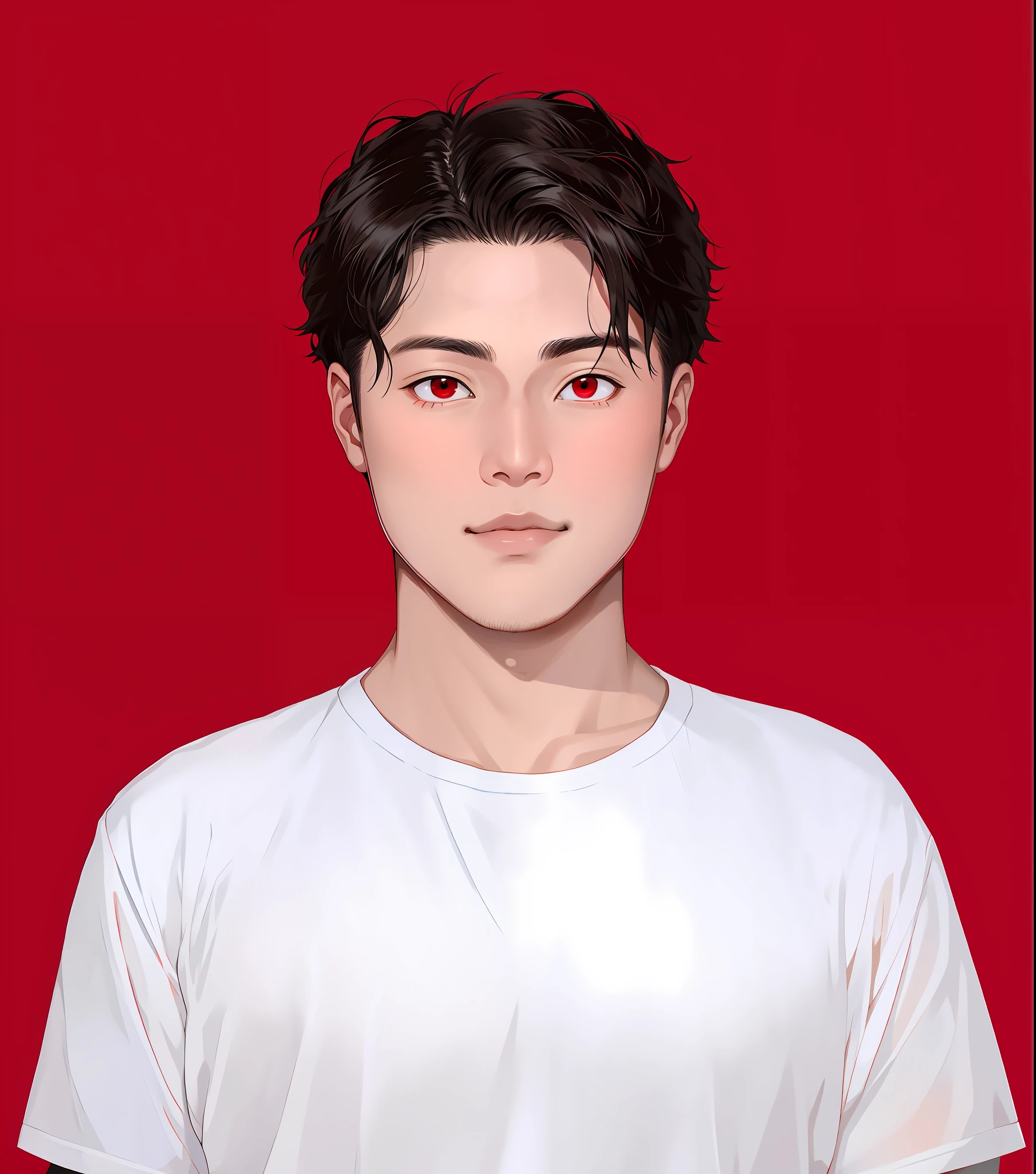 Arad man posing for photo in white shirt, asian male, on red background, avatar profile picture, on red background, handsome guy, bust avatar, kpop idol portrait, nari hiko-kun, medium length young man, Kosuke Ohno, headshot photo, professional profile picture