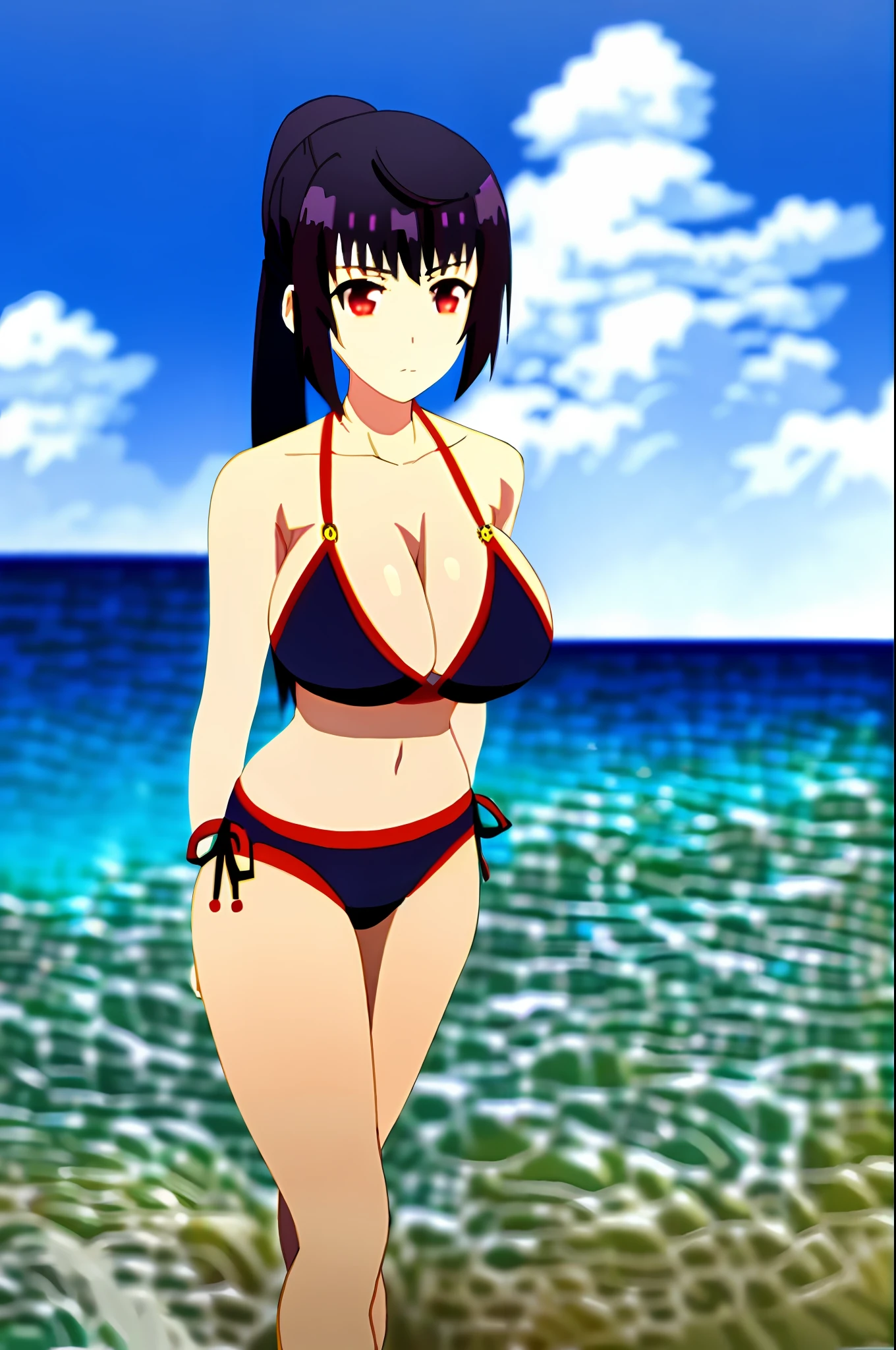 masterpiece, best quality, anime style, shizuku, waist-length black hair, ponytail, red eyes, (((big breasts))), carmesi bikini, ((full body)), playing on the beach, navel uncovered, chest in sight, legs in the sand, position on hands