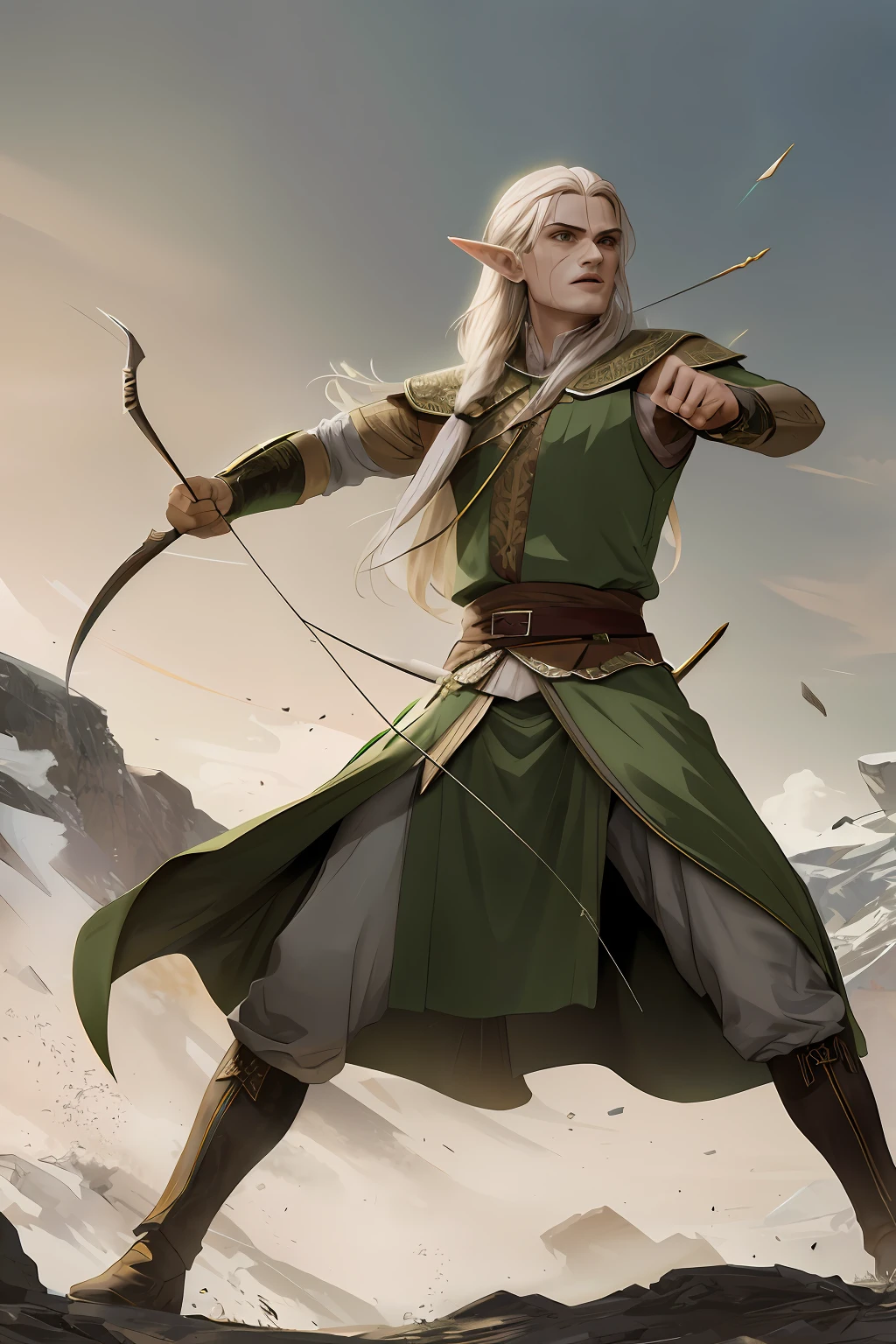 full body portrait of lord of the rings elf(legolas, holding bow), green and silver attire, angry, dynamic pose, battlefield fantasy