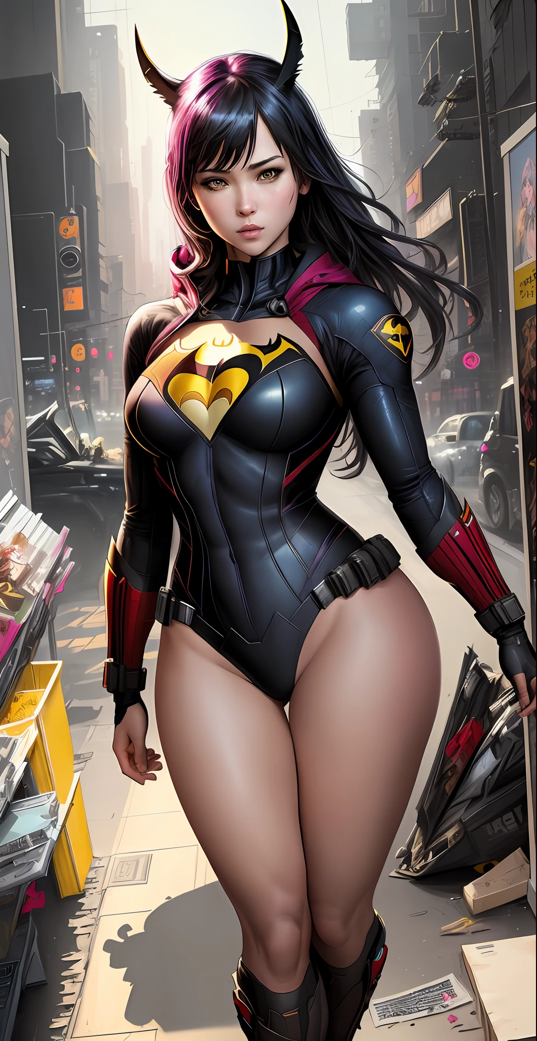 a masterpiece, a dc comic batgirl/supergirl wearing alternate yellow costume, shy and seductive, full body, Kim Jung gi, freedom, soul, digital art, realistic, comic style, cyberpunk, perfect anatomy, centered, approaching perfection, dynamic, highly detailed, watercolor painting, arts station, concept art, soft, sharp focus, illustration, artwork by Carne Griffiths and Wadim Kashin, unique, award-winning, masterpiece, 12k