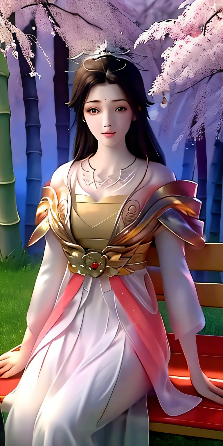 Dressed in a white flower bandeau, covered with a white gauze robe, the skin is as clear as snow, three thousand strands of hair scattered on the shoulders, without any extra hair accessories, just with a lot of flowers, red and white flowers set off which snow-white transparent face, wrapped with yellow ribbons, looks very charming and charming, sitting on a stone bench in the purple bamboo forest, in the bamboo forest near dusk looks very melancholy, pitiful feeling.