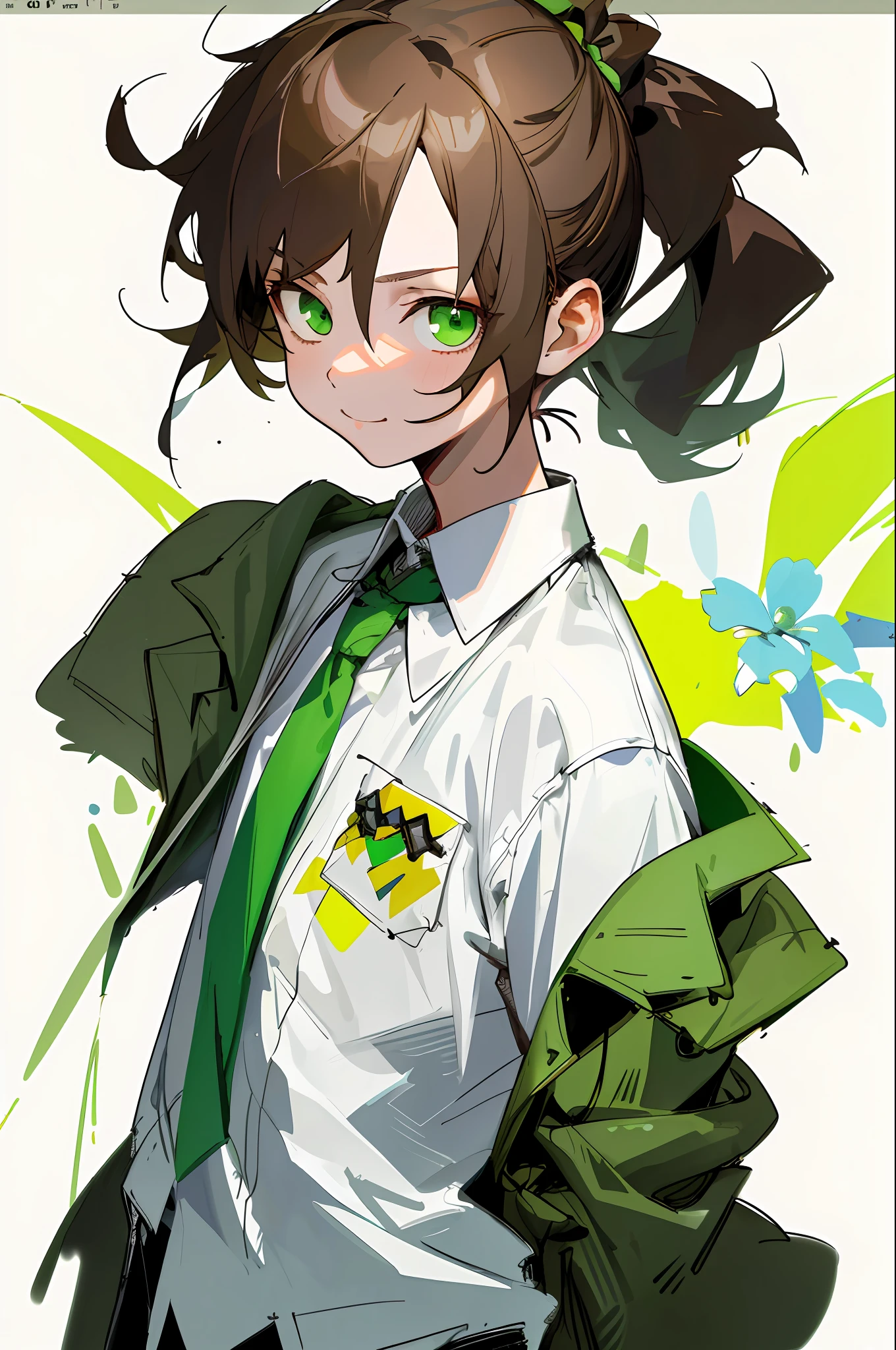 A li, brown ponytail, white skin, short man, green eyes, masterpiece, punk jacket, white shirt, green tie, open shoulders, open sleeves, light smile, flower, quiet, restrained, (concept art)