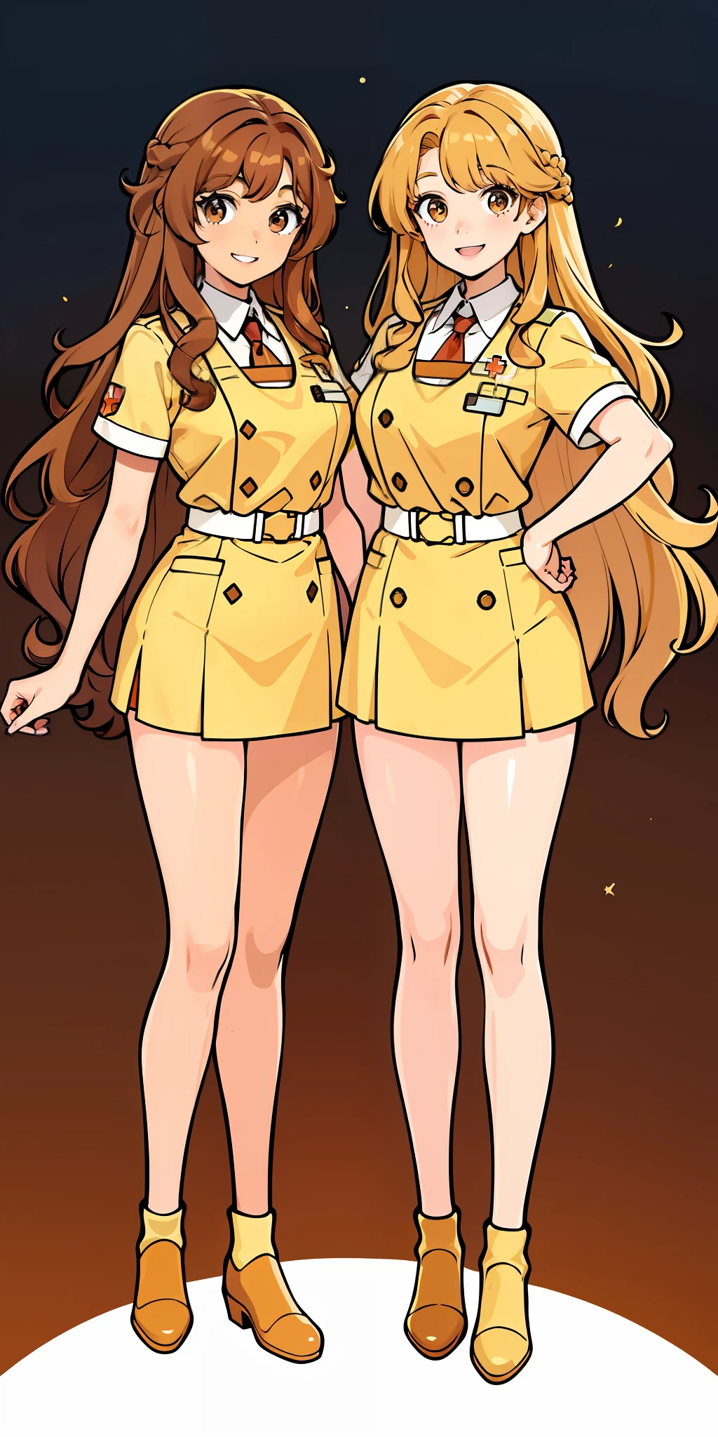 Woman, brown hair, curly hair, long hair, hazel eyes, extremely detailed, smile, nurse, same color outfits, full body shot, matching outfits, identical outfits, brown hair, blonde hair, different hair colors, twin sisters