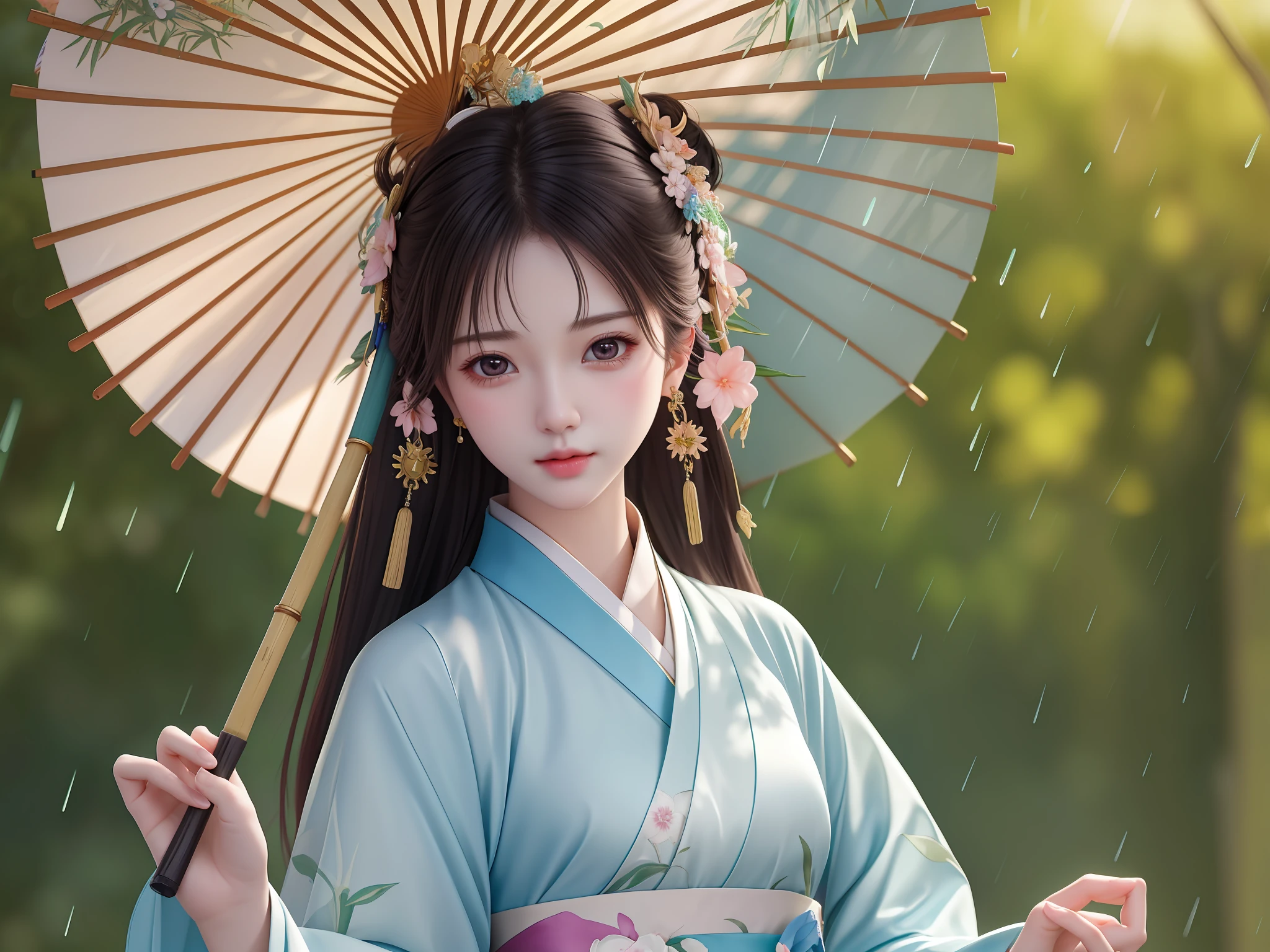 Masterpiece, extremely detailed CG unity 8k wallpaper, 1 girl, beautiful, realistic, blur, blurred background, blurred foreground, bamboo forest, depth of field, earrings, jewelry, nose, realistic, solo, hanfu, holding oli paper umbrella, rain
