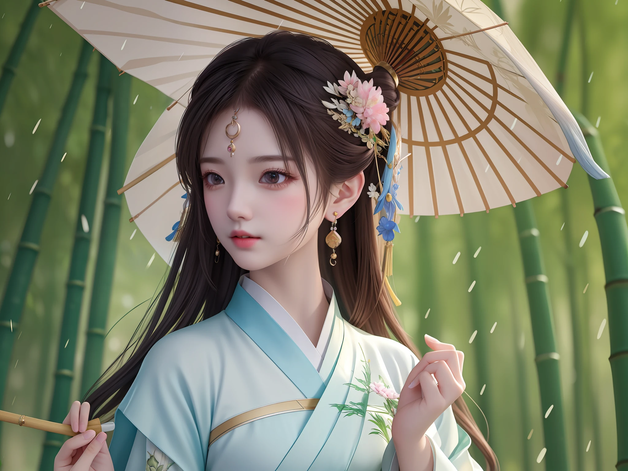 Masterpiece, extremely detailed CG unity 8k wallpaper, 1 girl, beautiful, realistic, blur, blurred background, blurred foreground, bamboo forest, depth of field, earrings, jewelry, nose, realistic, solo, hanfu, holding oli paper umbrella, rain