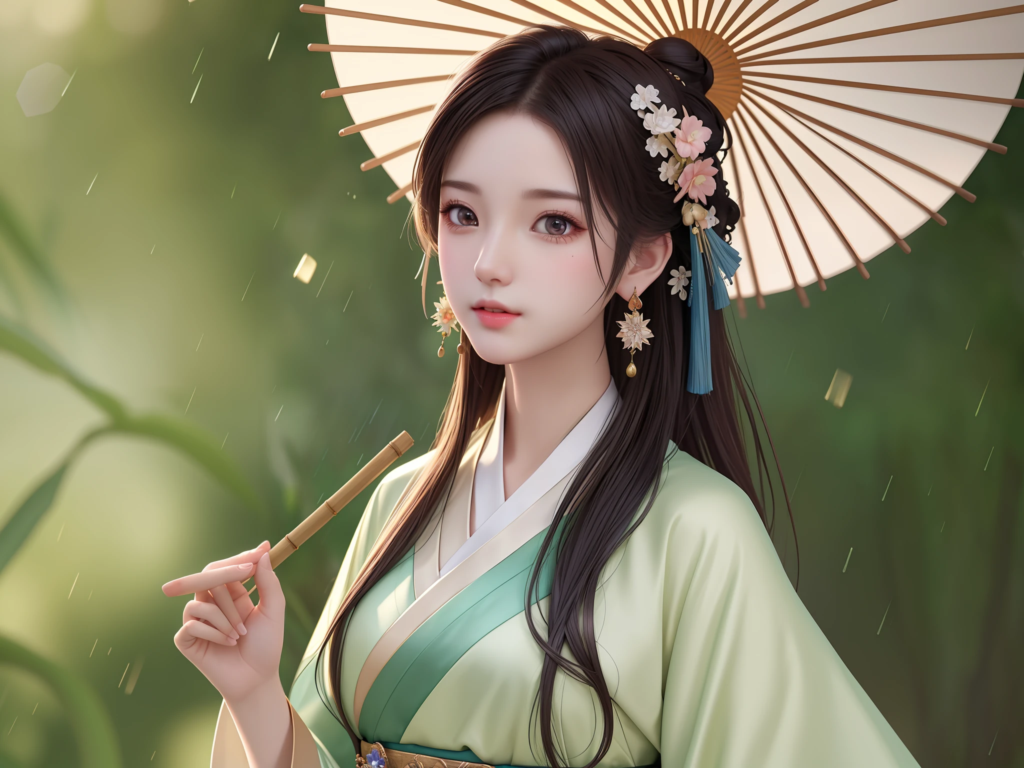 Masterpiece, extremely detailed CG unity 8k wallpaper, 1 girl, beautiful, realistic, blur, blurred background, blurred foreground, bamboo forest, depth of field, earrings, jewelry, nose, realistic, solo, hanfu, holding oli paper umbrella, rain